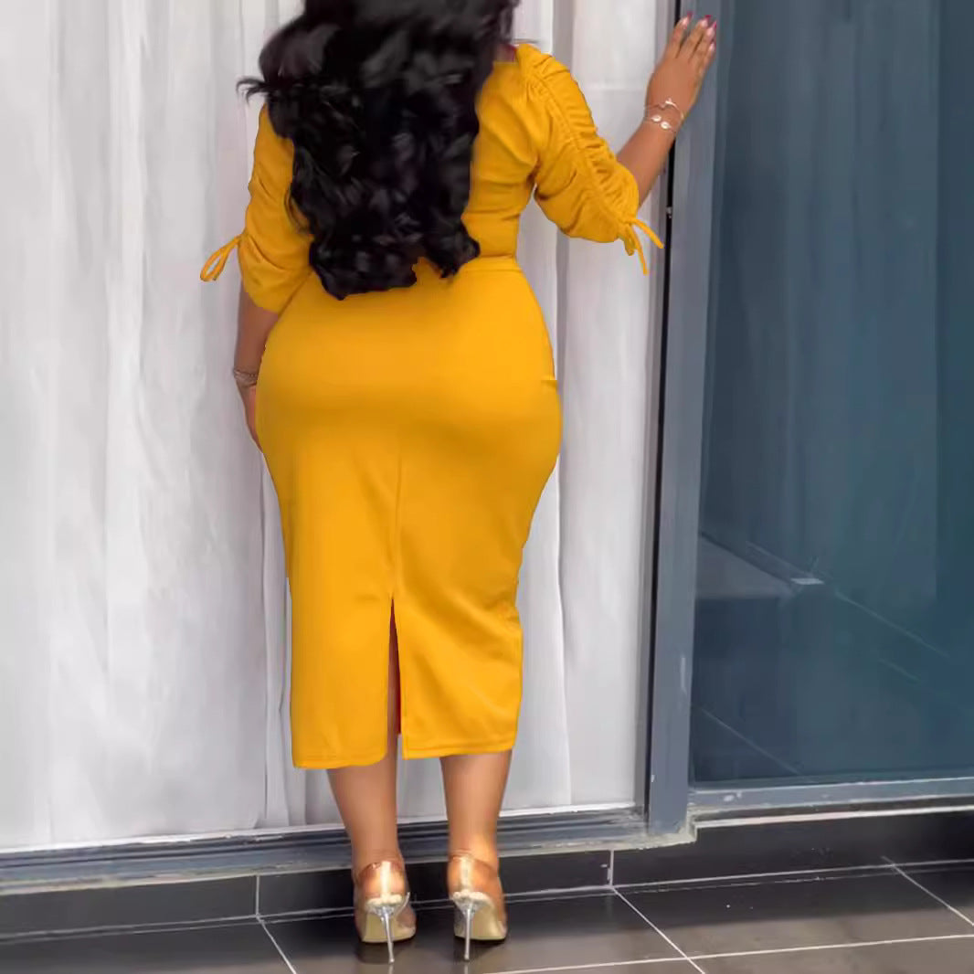 Solid Color Drawstring Split Dress for Women - Autumn and Winter Collection