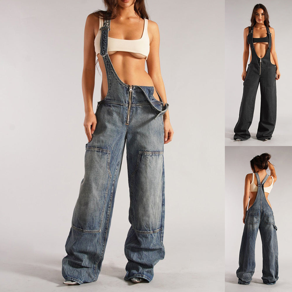 Y2K Denim Overalls with Pockets - Women's Fashion Loose Suspender Jumpsuit for Streetwear