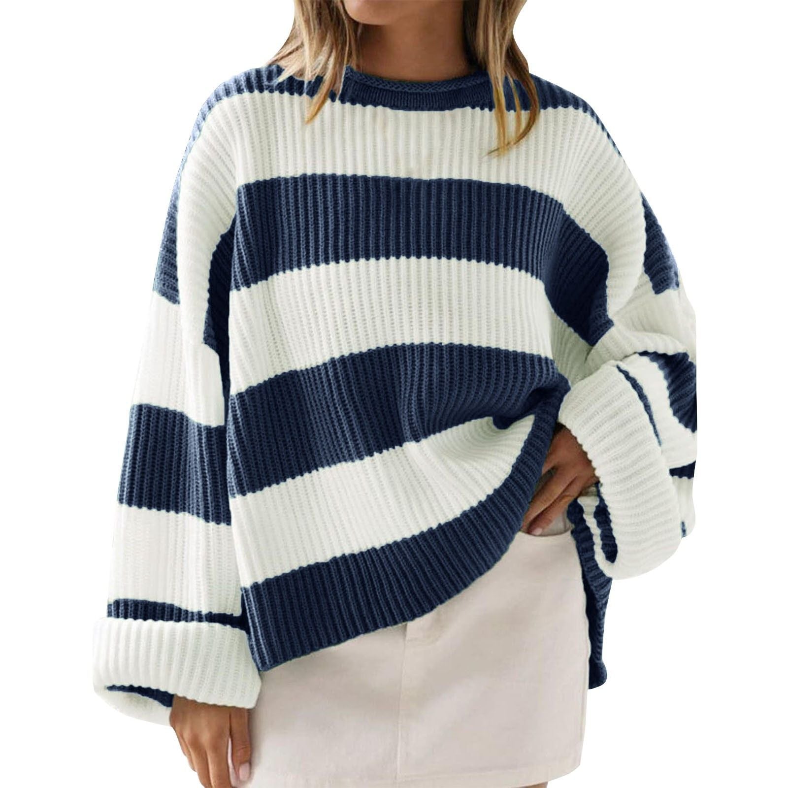 Women's Casual Long Batwing Sleeve Striped Knit Pullover Sweater
