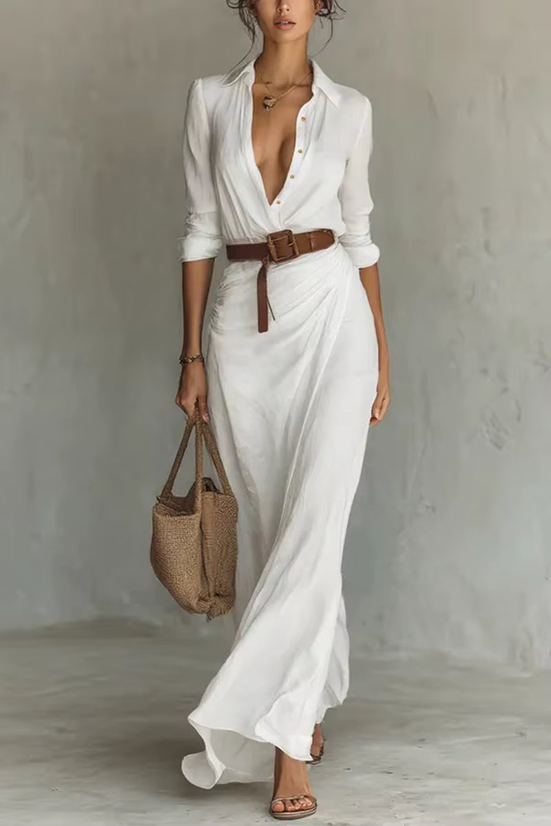 Autumn Collection Elegant Long Sleeve V-Neck Pleated Ankle-Length Dress with Belt in Four Colors