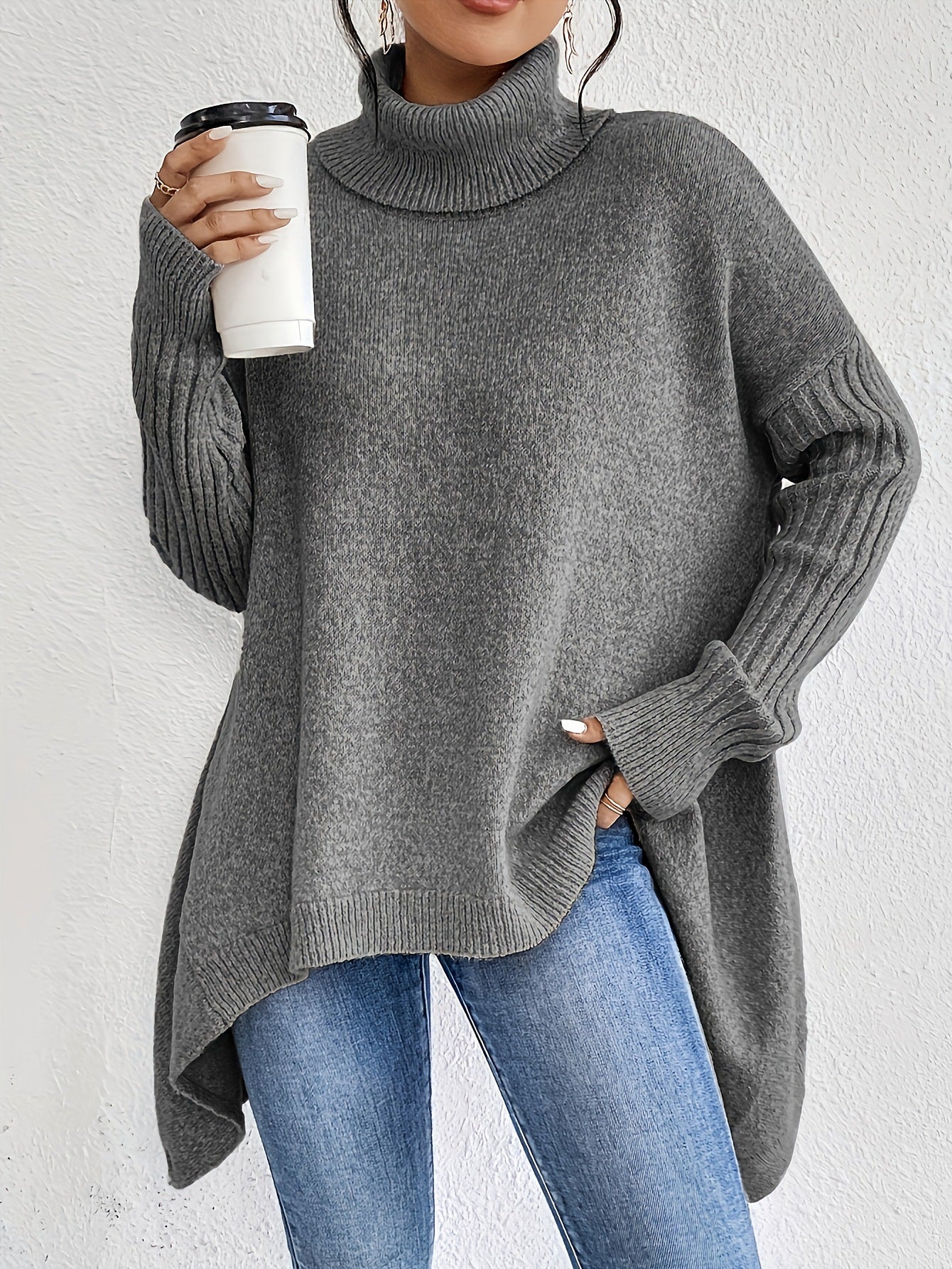Irregular Turtleneck Loose-Fit Knitted Sweater for Women - Long Sleeve Winter Pullover