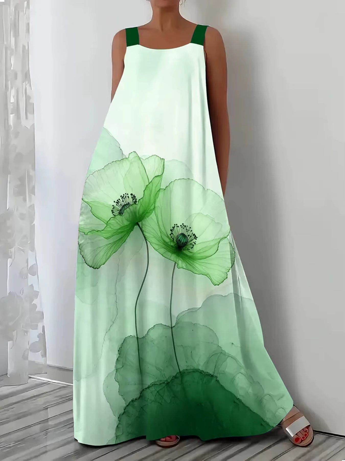 Plus Size European and American Casual Vacation Print Suspender Dress for Spring and Summer