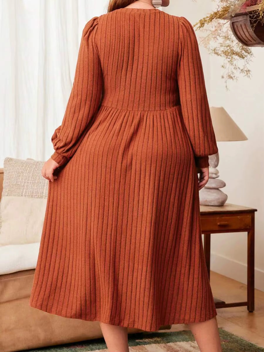Plus Size Women's Solid Color Long Sleeve Maxi Dress for Autumn and Winter