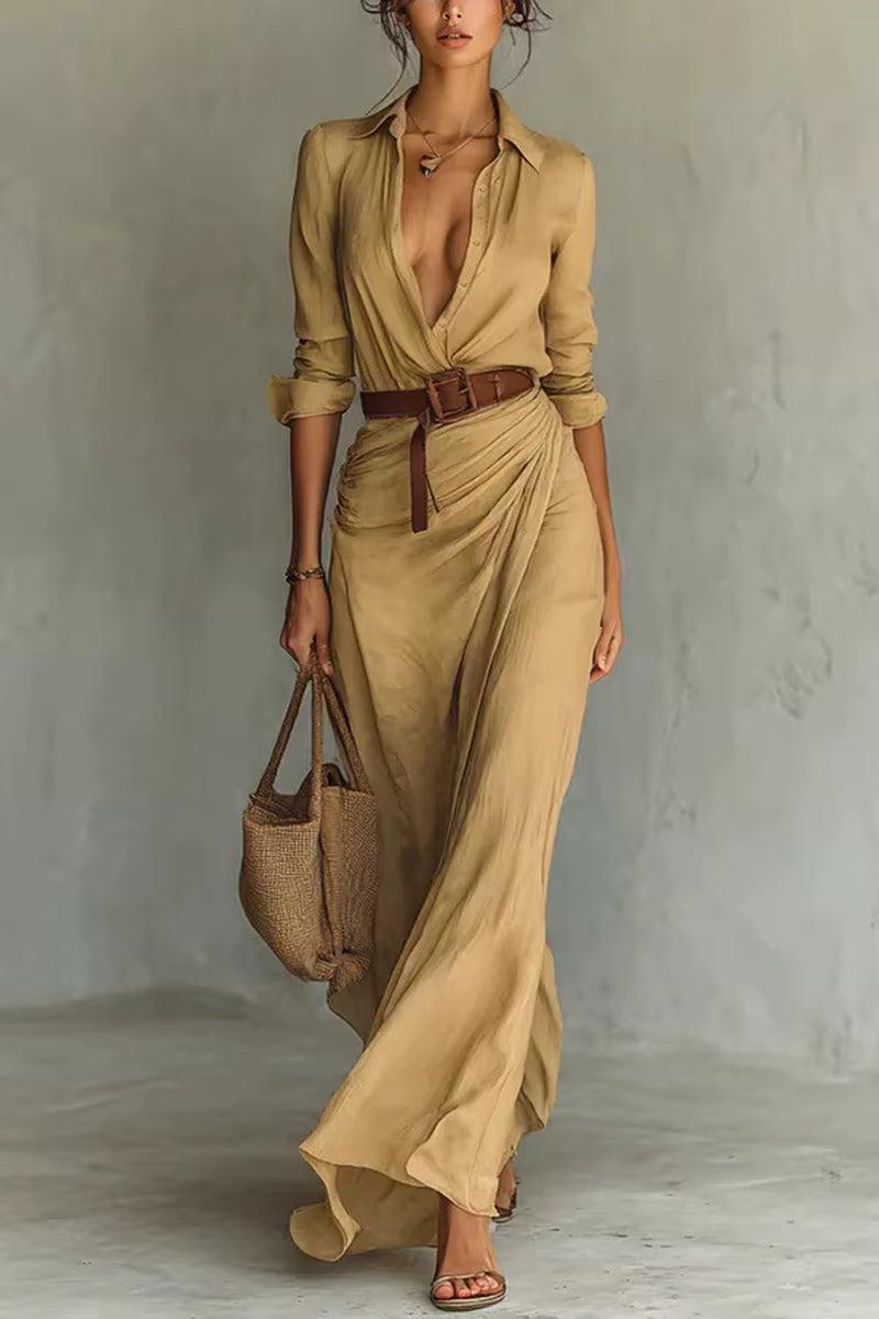 Autumn Collection Elegant Long Sleeve V-Neck Pleated Ankle-Length Dress with Belt in Four Colors