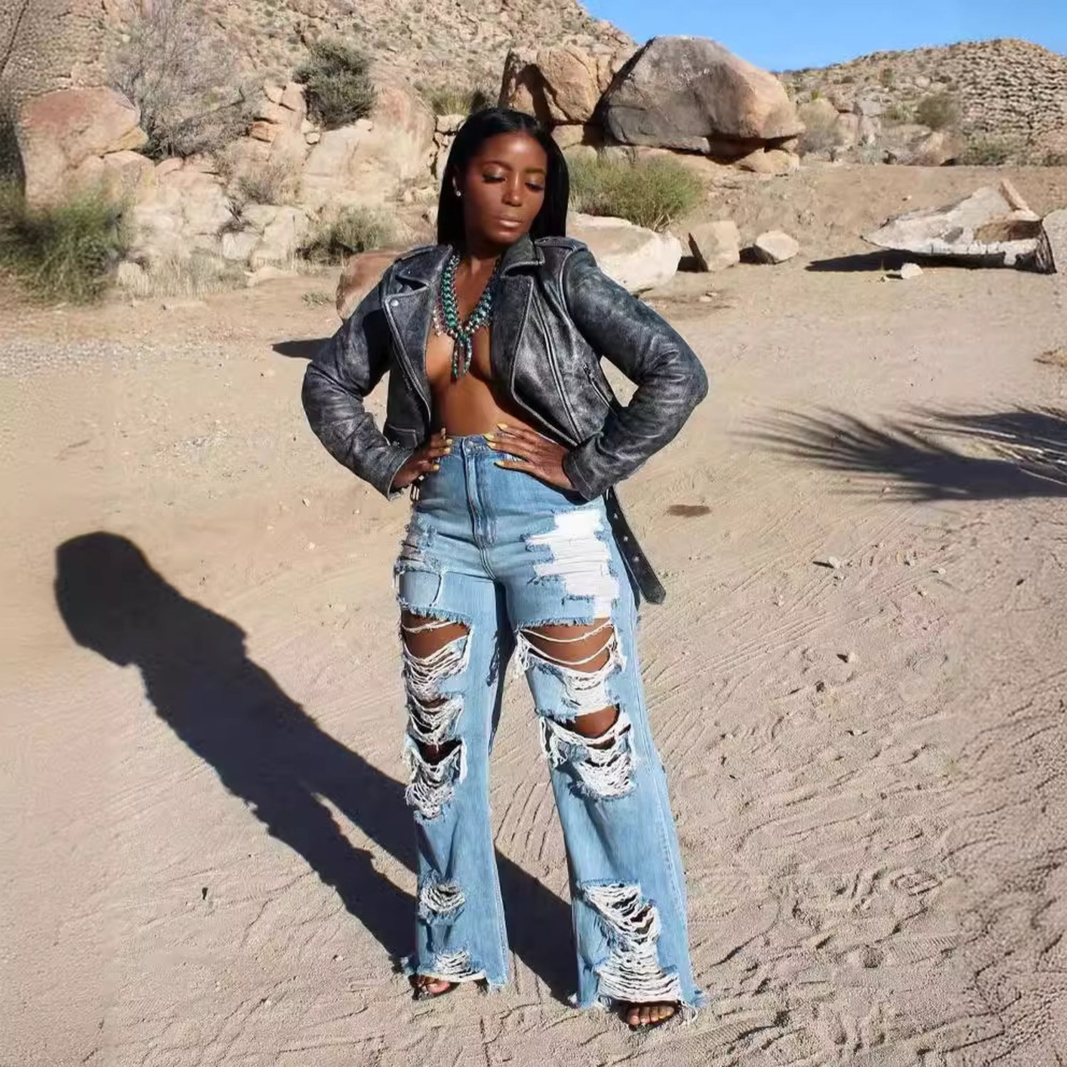 Women's Fashionable Burnt Ripped Denim Jeans