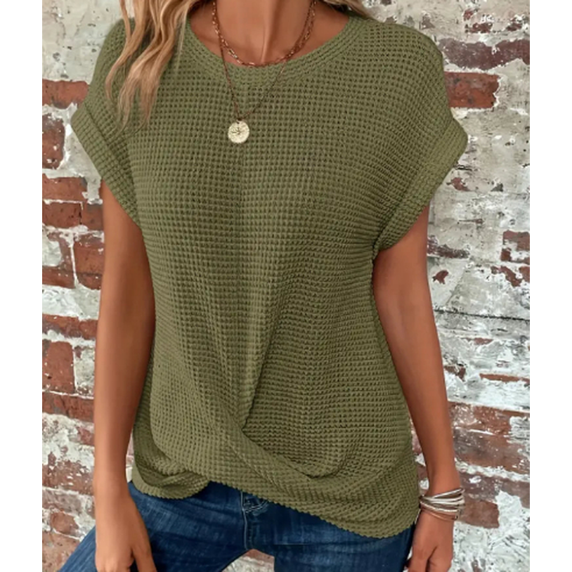 Women's Solid Color Short-Sleeved Waffle T-Shirt - Summer Crew Neck Top