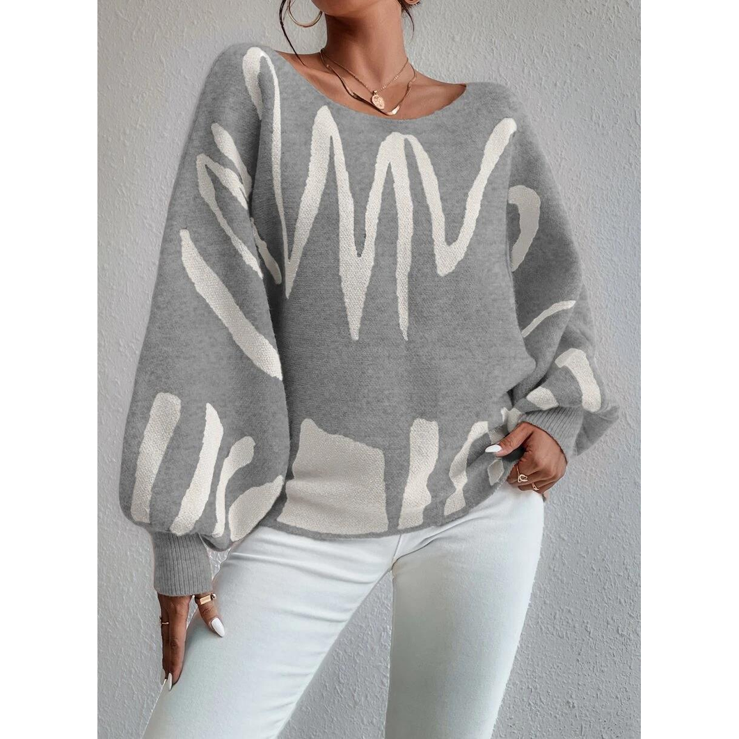 Lantern-Sleeved Printed Pullover Sweater for Women - Fashionable Loose Fit Top