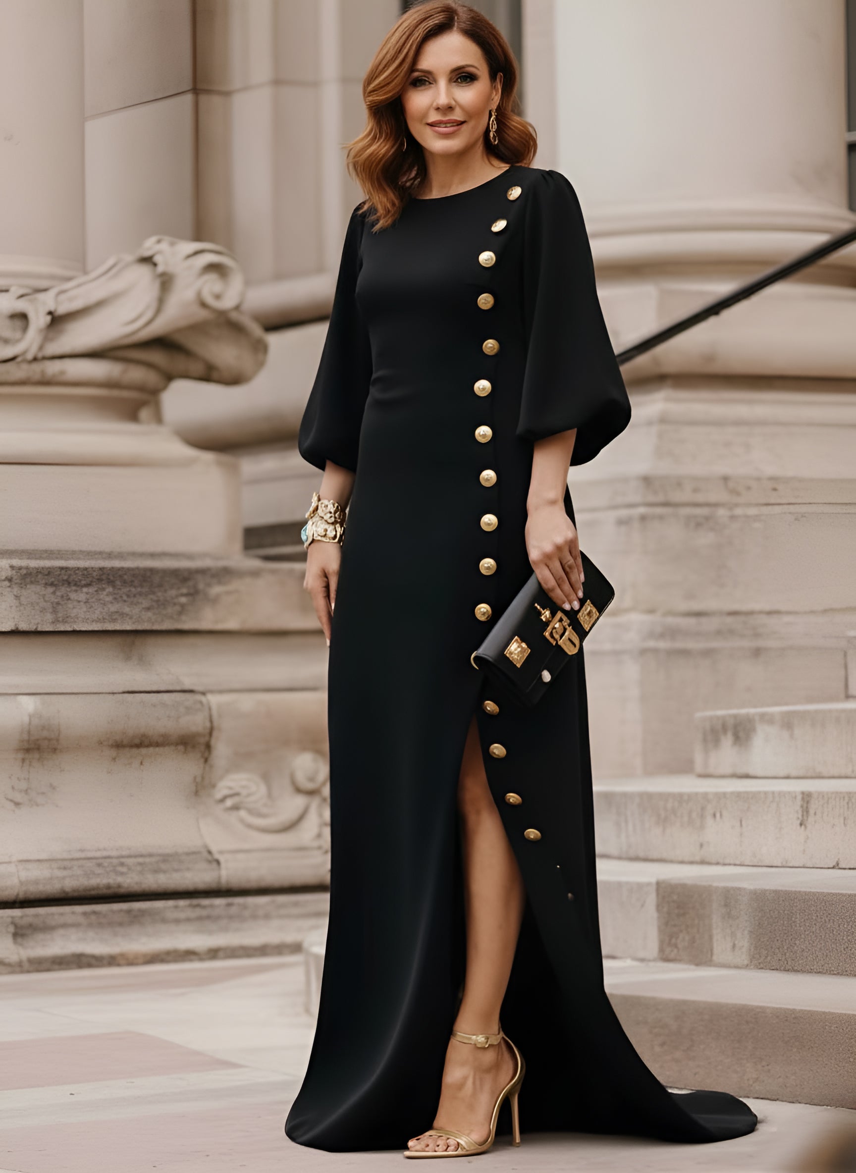 Modigirl Women's Elegant Lace-Up Maxi Dress with Gold Button Detail for Weddings and Evening Events - Autumn Collection 2025