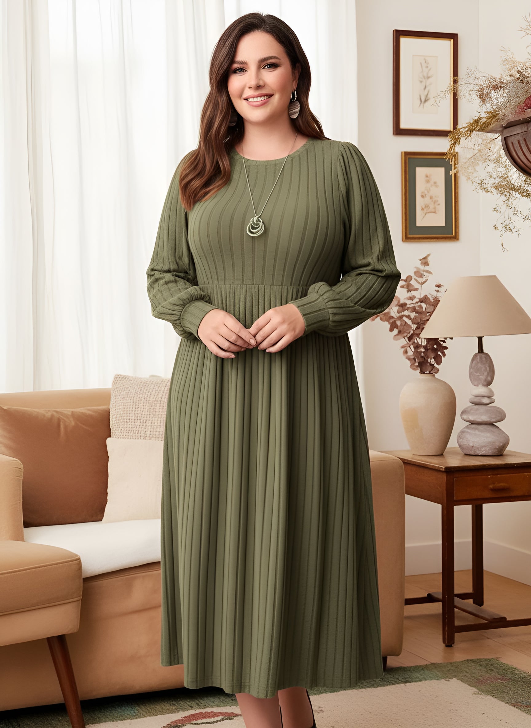 Plus Size Women's Solid Color Long Sleeve Maxi Dress for Autumn and Winter