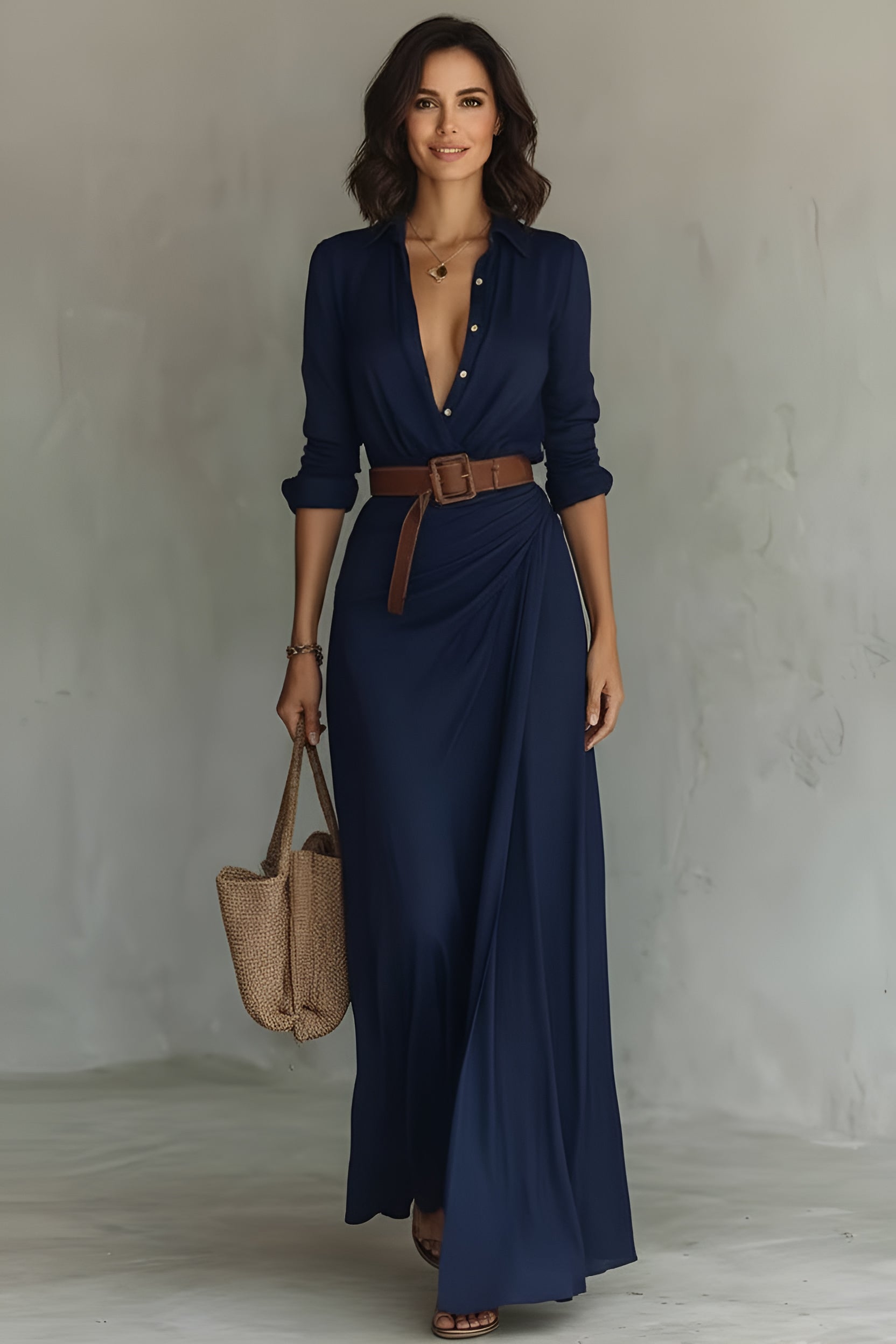 Autumn Collection Elegant Long Sleeve V-Neck Pleated Ankle-Length Dress with Belt in Four Colors
