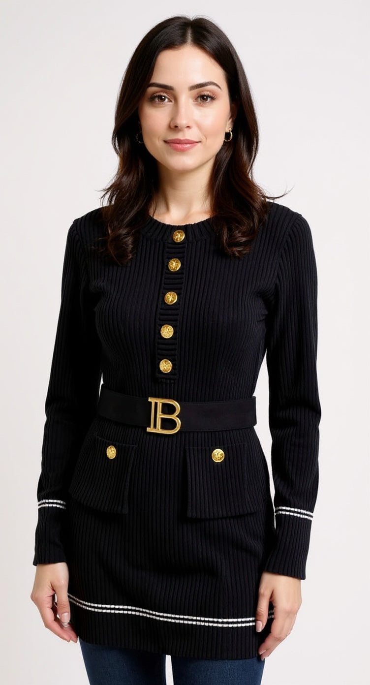 2025 Autumn/Winter Women's Knitted Bodycon Sweater Dress with Belt and O-Neck Design for Office Wear