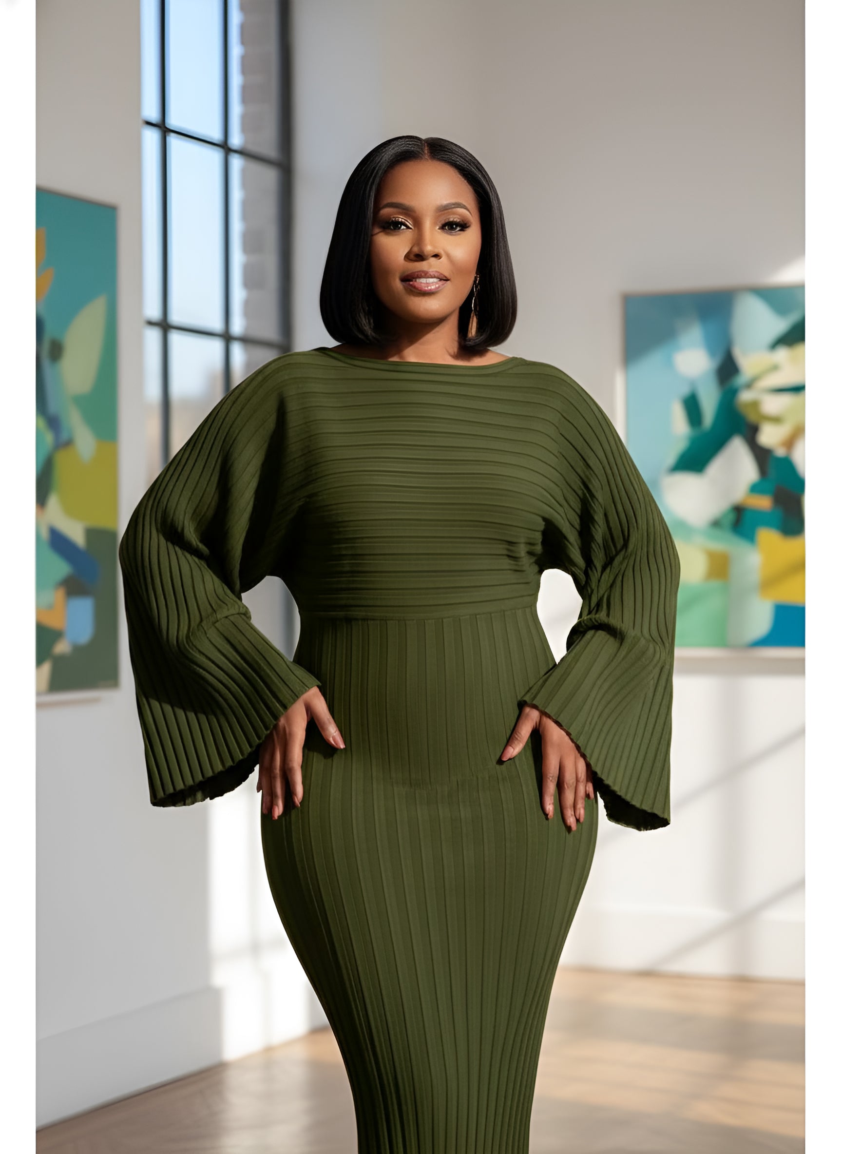 Women's Elegant Batwing Sleeve Knitted Rib Bodycon Dress with Round Neck - Casual Autumn Vintage Collection 2024