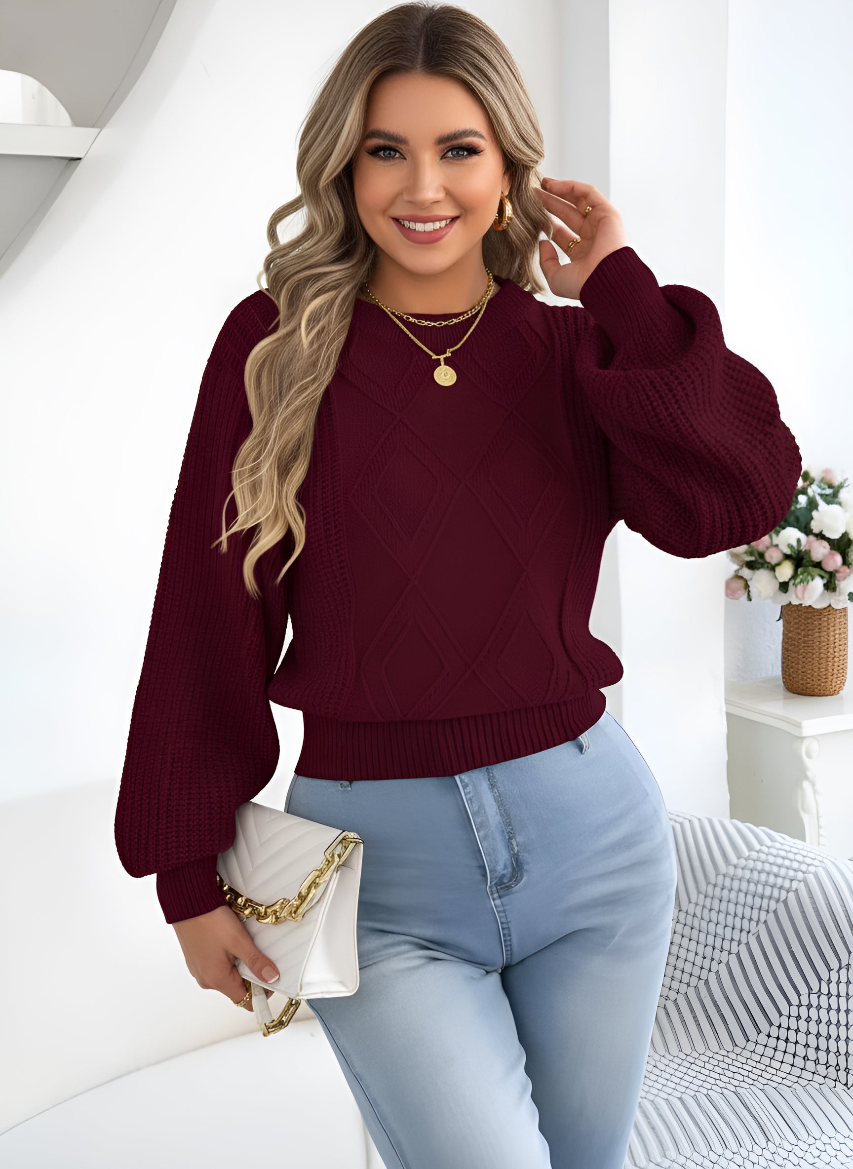 Women'S Solid Color round Neck Lantern Long Sleeve Knitted Sweaters for 2025 Autumn Winter Clothes Yellow Red Khaki