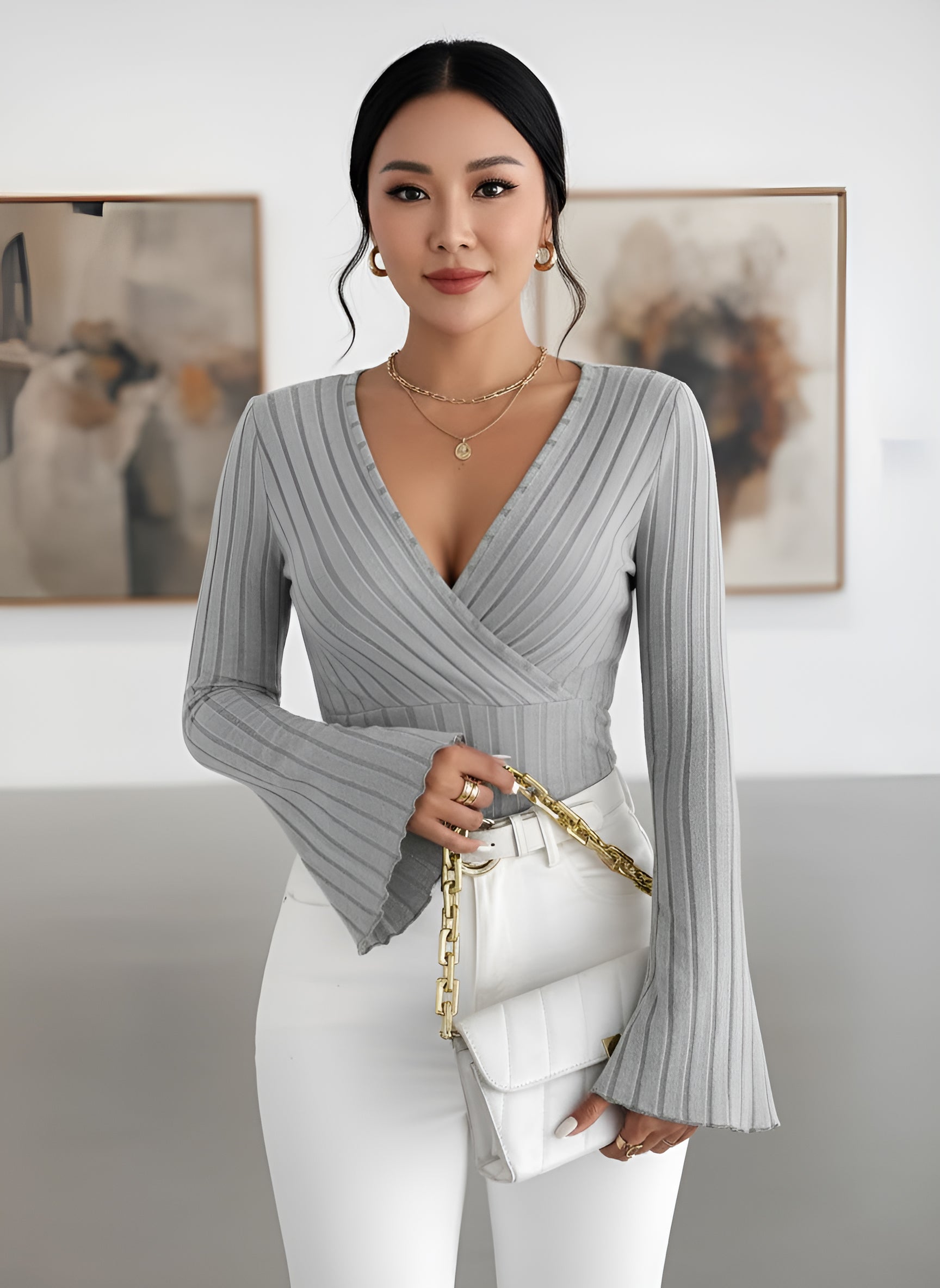 2024 Autumn/Winter V-Neck Solid Color Slim Fit Long Sleeve Women's Knit Top