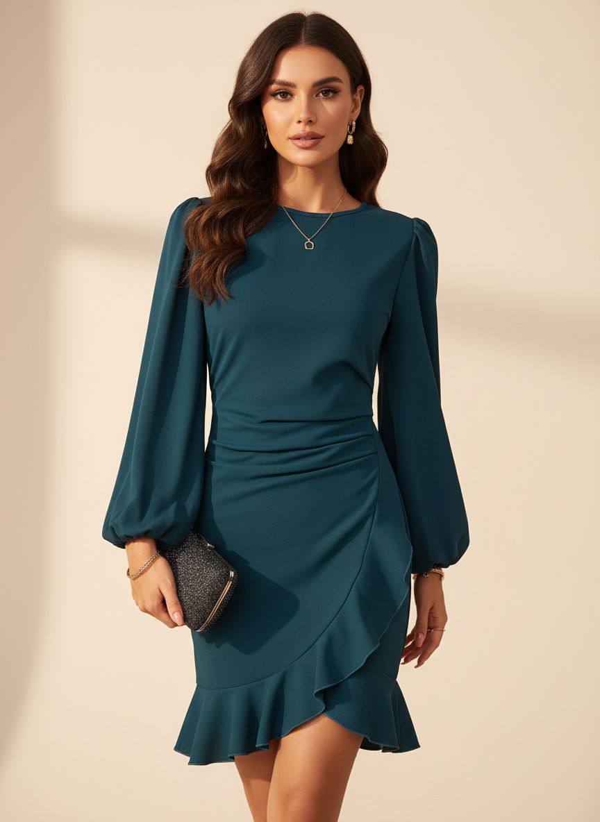 Women's Elegant Puff Sleeve Solid Color Slim-Fit Short Dress