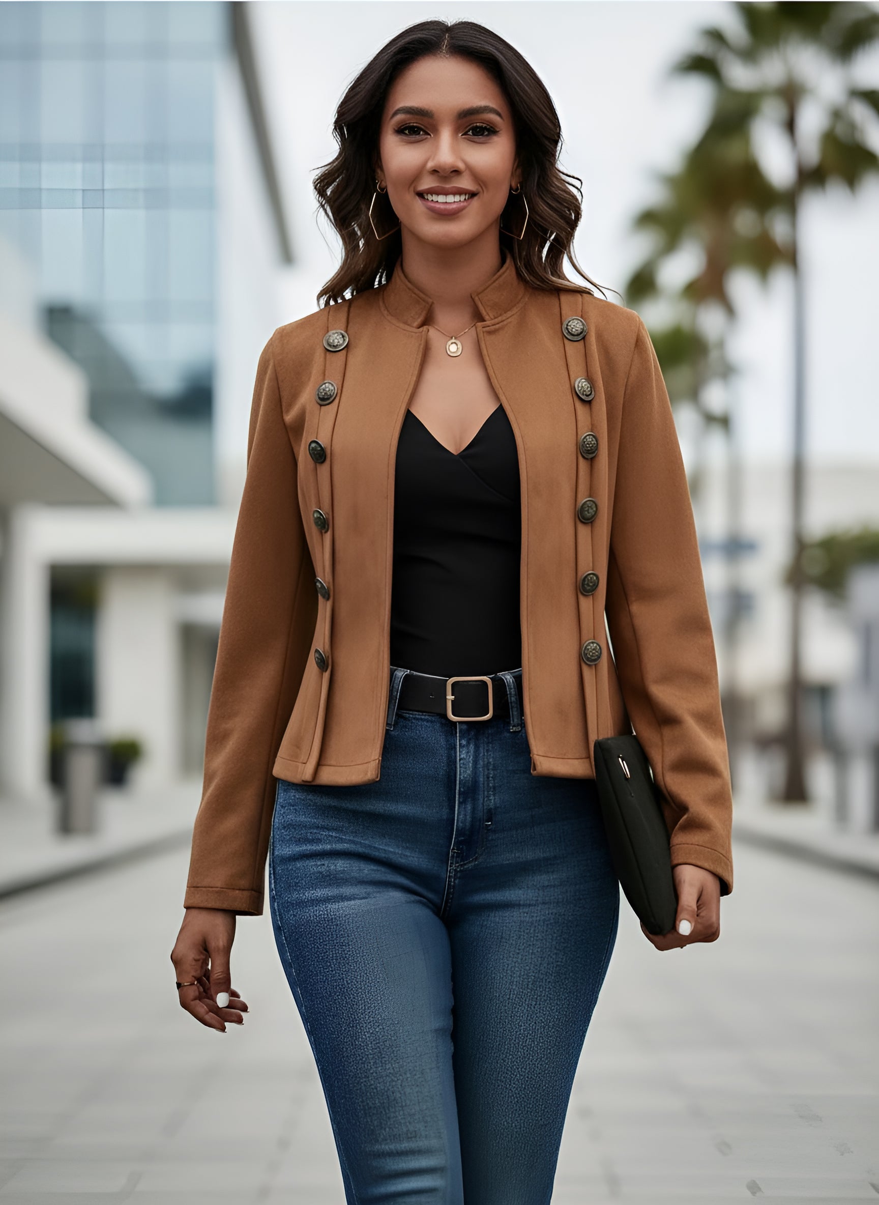 Double-Breasted Suede Short Jacket with Decorative Design for Women