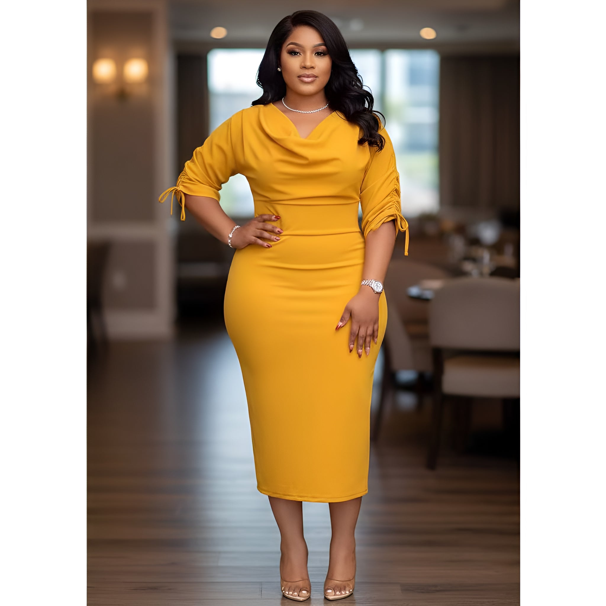 Solid Color Drawstring Split Dress for Women - Autumn and Winter Collection