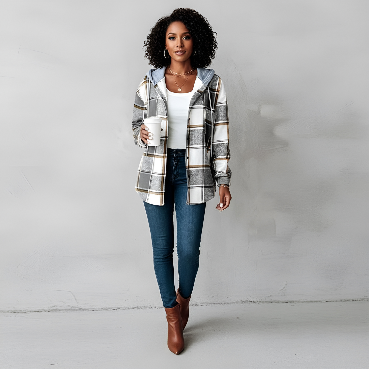 Plaid Hooded Jacket with Button Pockets for Women - Casual Autumn and Winter Outerwear