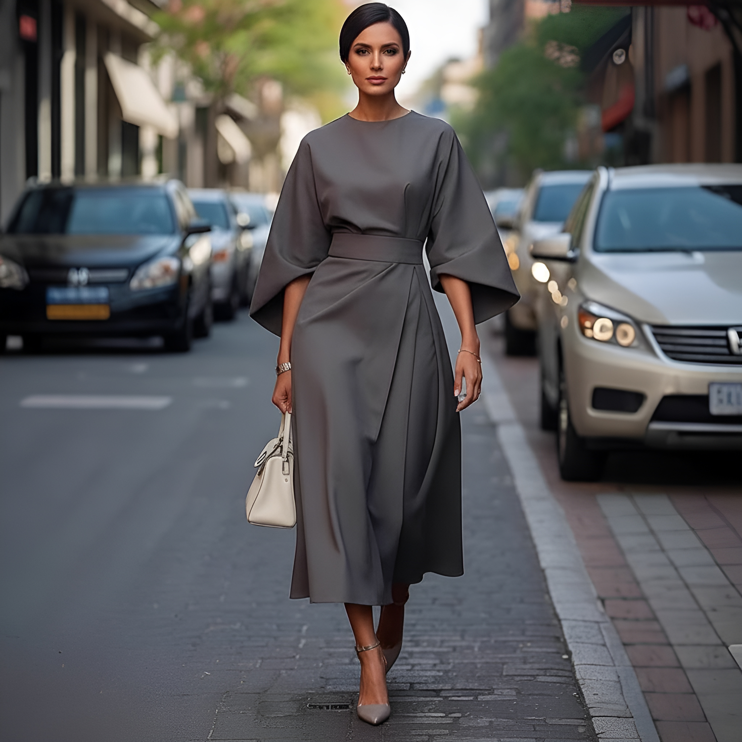 Elegant Solid Color Dress with Waist-Tightening Batwing Sleeves for Women