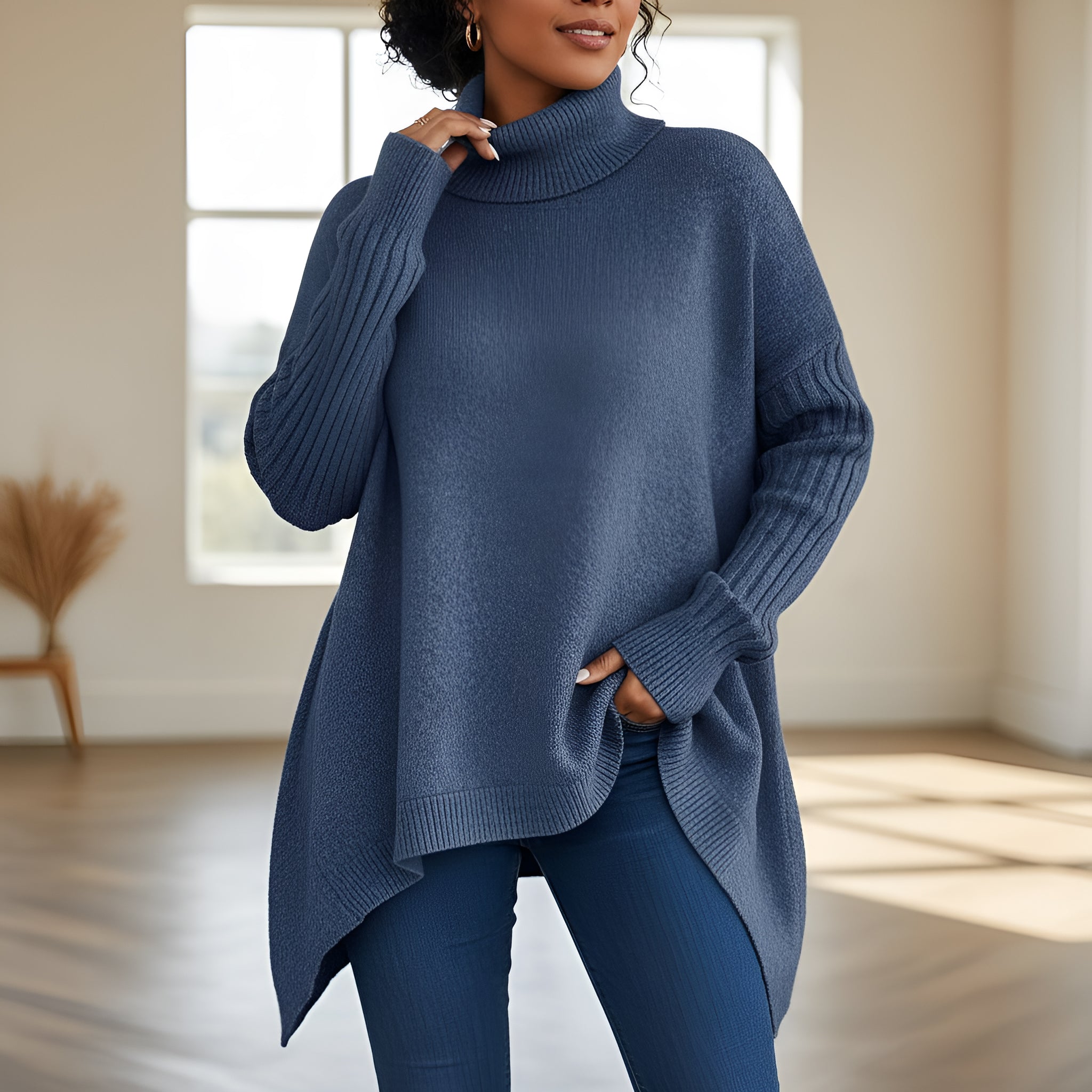Irregular Turtleneck Loose-Fit Knitted Sweater for Women - Long Sleeve Winter Pullover