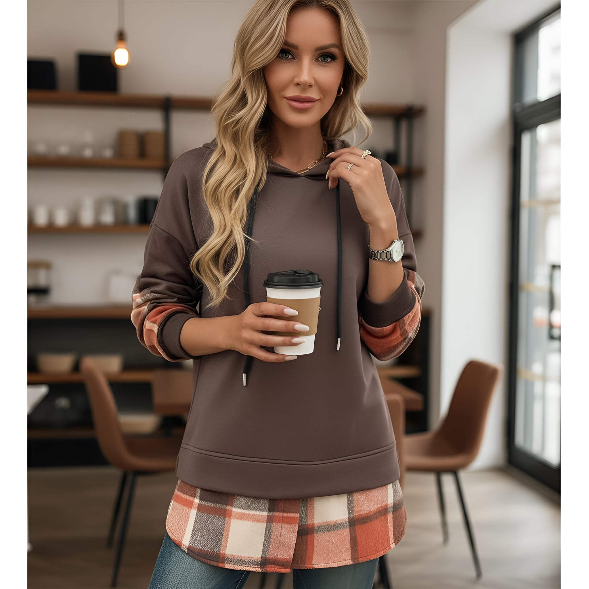 Women's Vintage Oversized Hoodie with Plaid Patchwork - Stylish Y2K Streetwear Round Neck Long Sleeve Sweatshirt