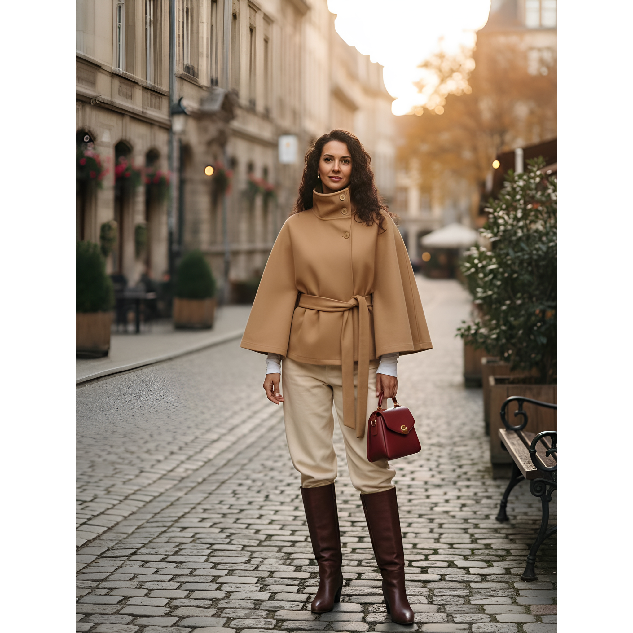 Elegant Women's Winter High Neck Batwing Sleeve Belted Trench Coat