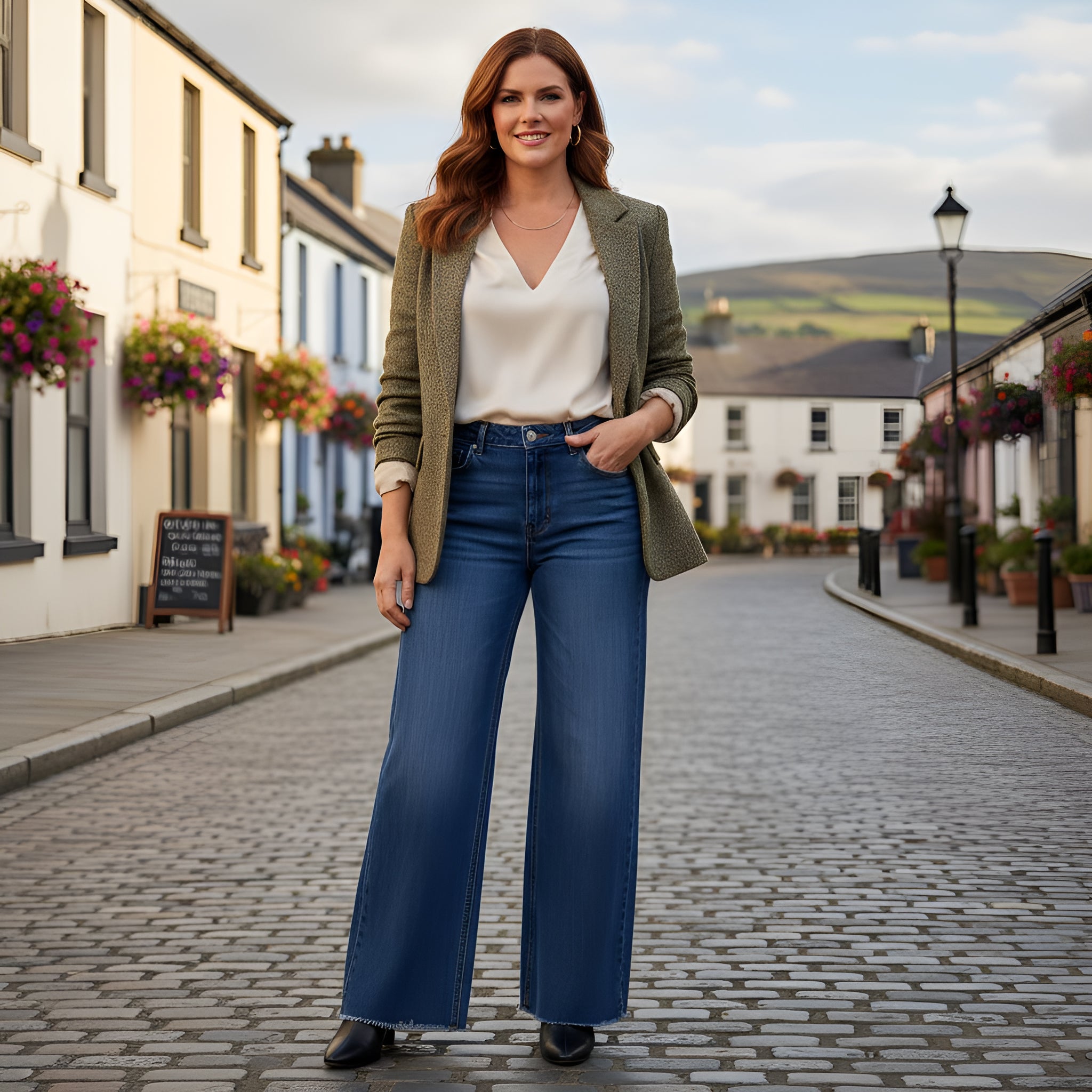 High-Waisted Women's Jeans with Pockets - Comfortable Slim Fit Straight Wide-Leg Design