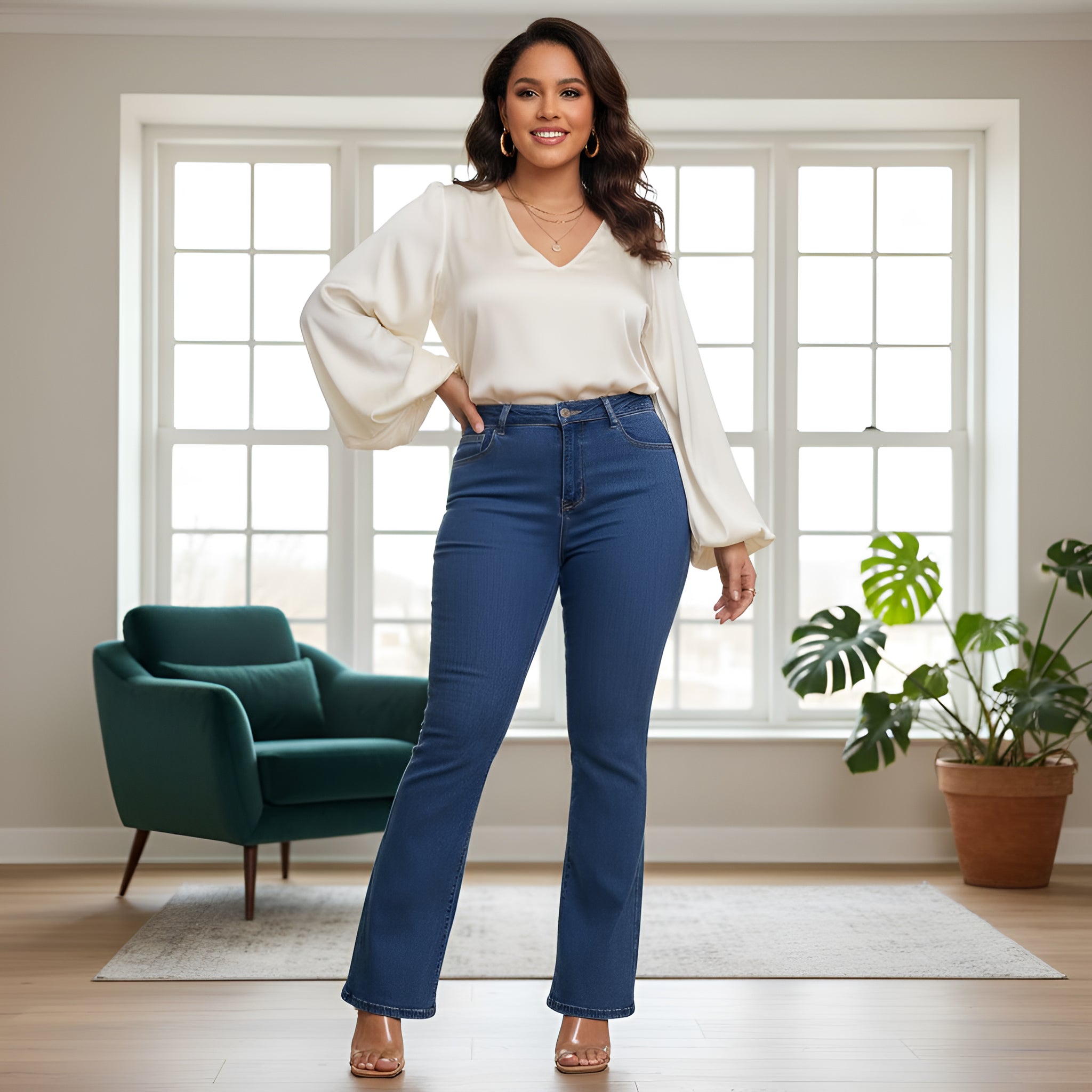 Women's High-Waisted Flared Jeans with Stretch Fabric