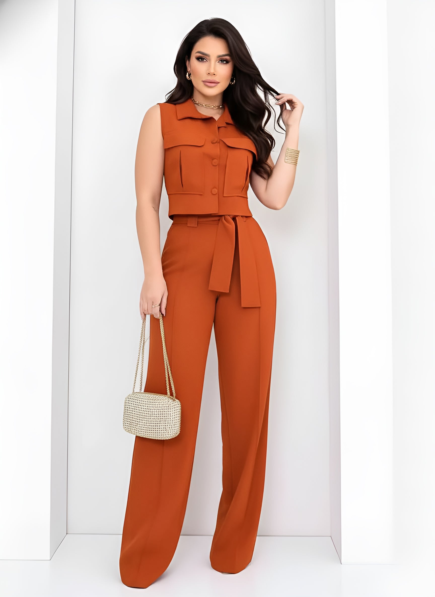 I-Shaped Pocket Vest Straight Tailor Blouse and Pants

Product information:
The I-Shaped Pocket Vest Straight Tailor Blouse and Pants set is a sophisticated addition to any adult's wardrobe, designed to embody an intellectual style that is both fashionable and functional. Crafted from high-quality cotton and polyester fiber, this ensemble features a charming print pattern that adds a touch of elegance to your everyday attire. With its mid-length skirt and 3/4 princess sleeves, this outfit is perfect for var