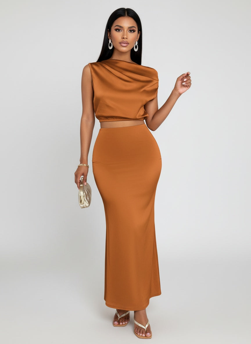 Women'S Solid Color Satin Dress Midriff Outfit Suit

Product information:
Pattern: solid color
Fabric name: Polyester
Color: light brown, white, blue
Sleeve type: sleeveless
Main fabric composition: Polyester (polyester fiber)
Size: S,M,L,XL,XXL
Applicable Gender: Female
Style type: temperament commute
Skirt length: long skirt
Sleeve length: sleeveless
Popular element: fold
Style: commute style
Process: non-ironing treatment