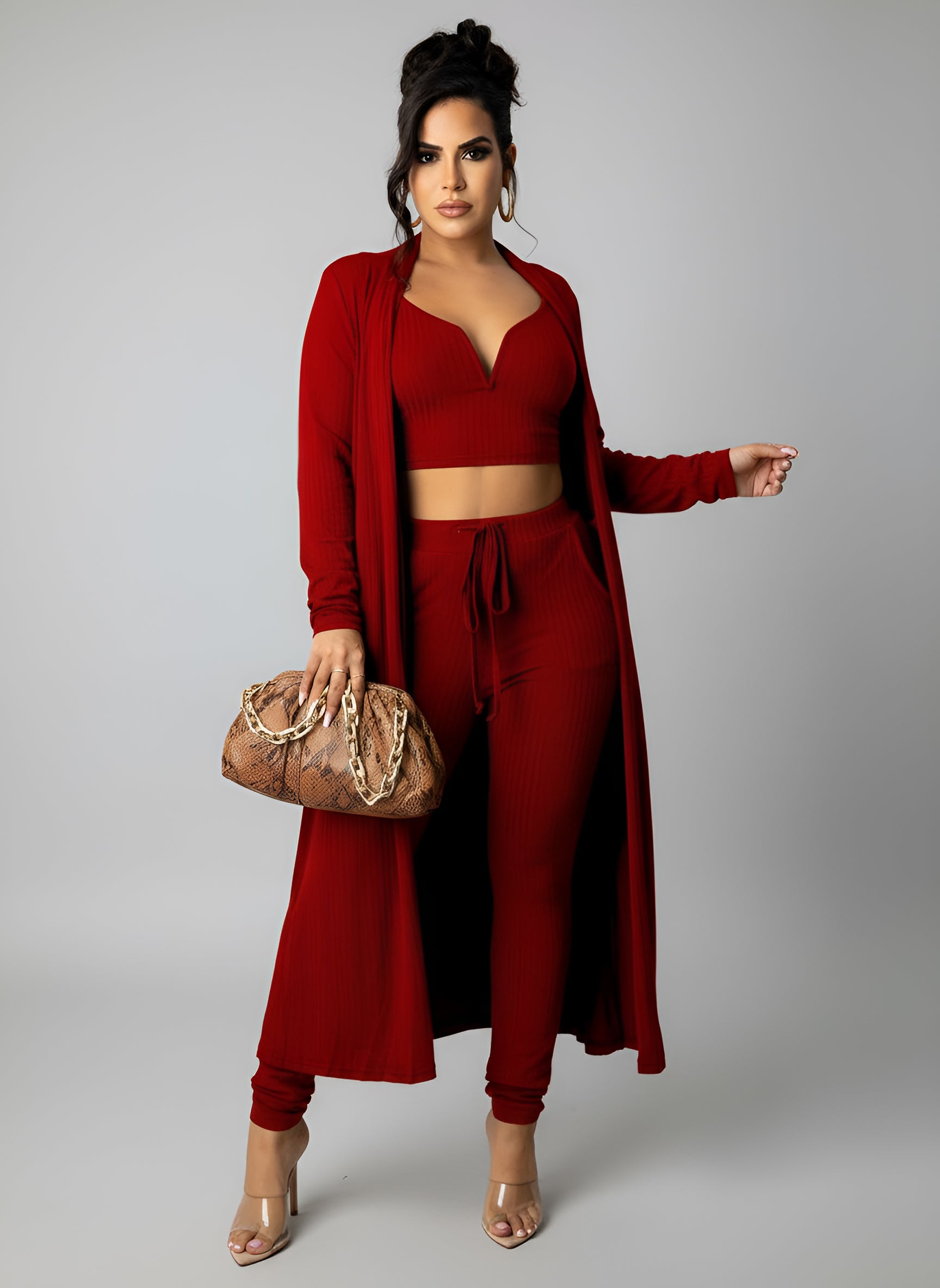 Solid Color Ribbed V-Neck Vest Long Women'S Pants Sportswear Suit

Product information:
Pattern: solid color
Fabric name: concave stripes
Color: orange, brown, wine red
Pants length: trousers
Main fabric composition: Polyester Fiber (polyester)
Size: S,M,L,XL,XXL
Applicable Gender: Female
Style type: street fashion
Sleeve length: long sleeve
Popular elements: splicing
Style: European and American style
Craft: collage/stitching

Size: