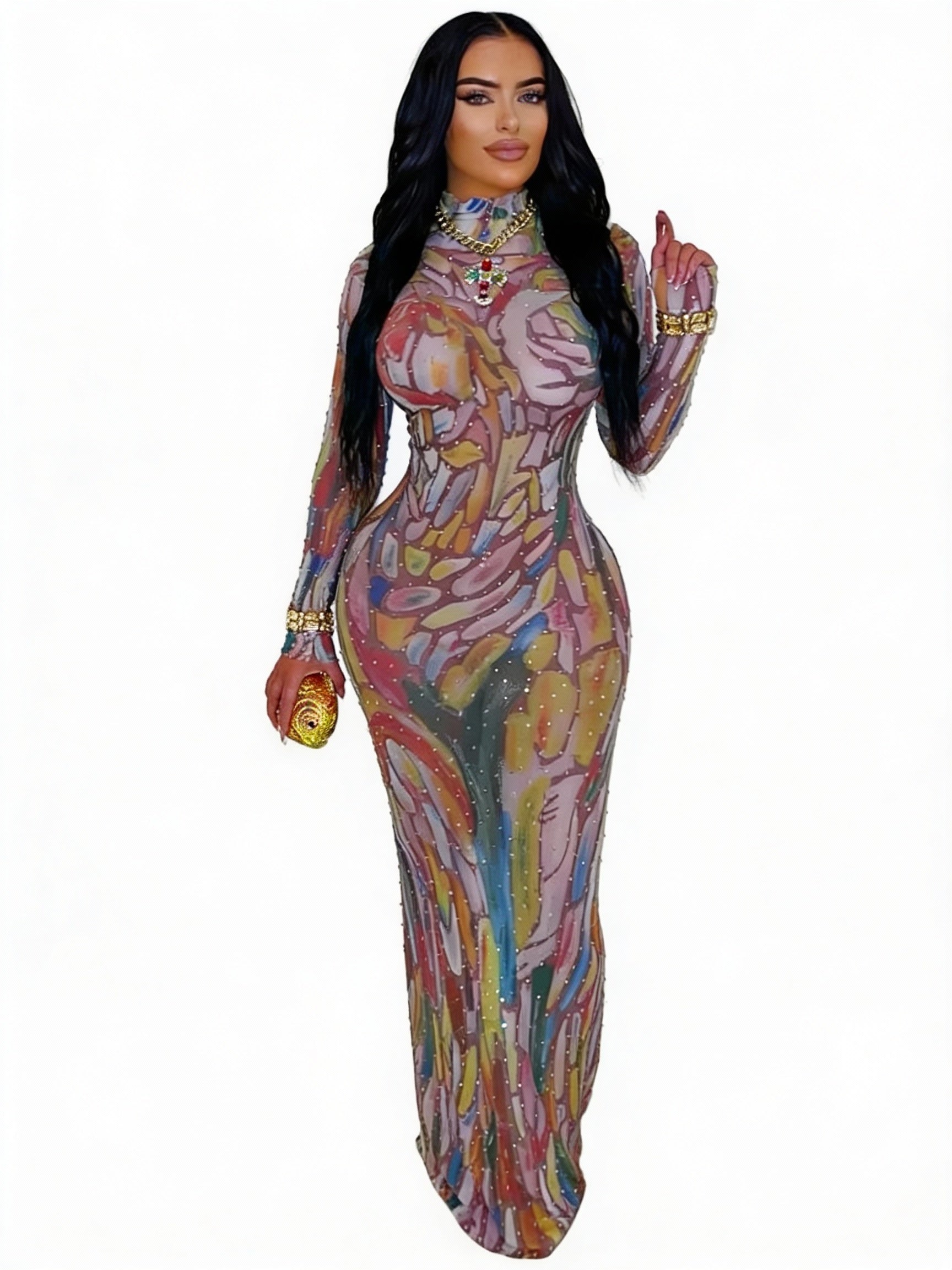 Designer Long Sleeve Performance Dress with Water-Media Net and Diamond Heating for Elegant Birthday Dance Parties