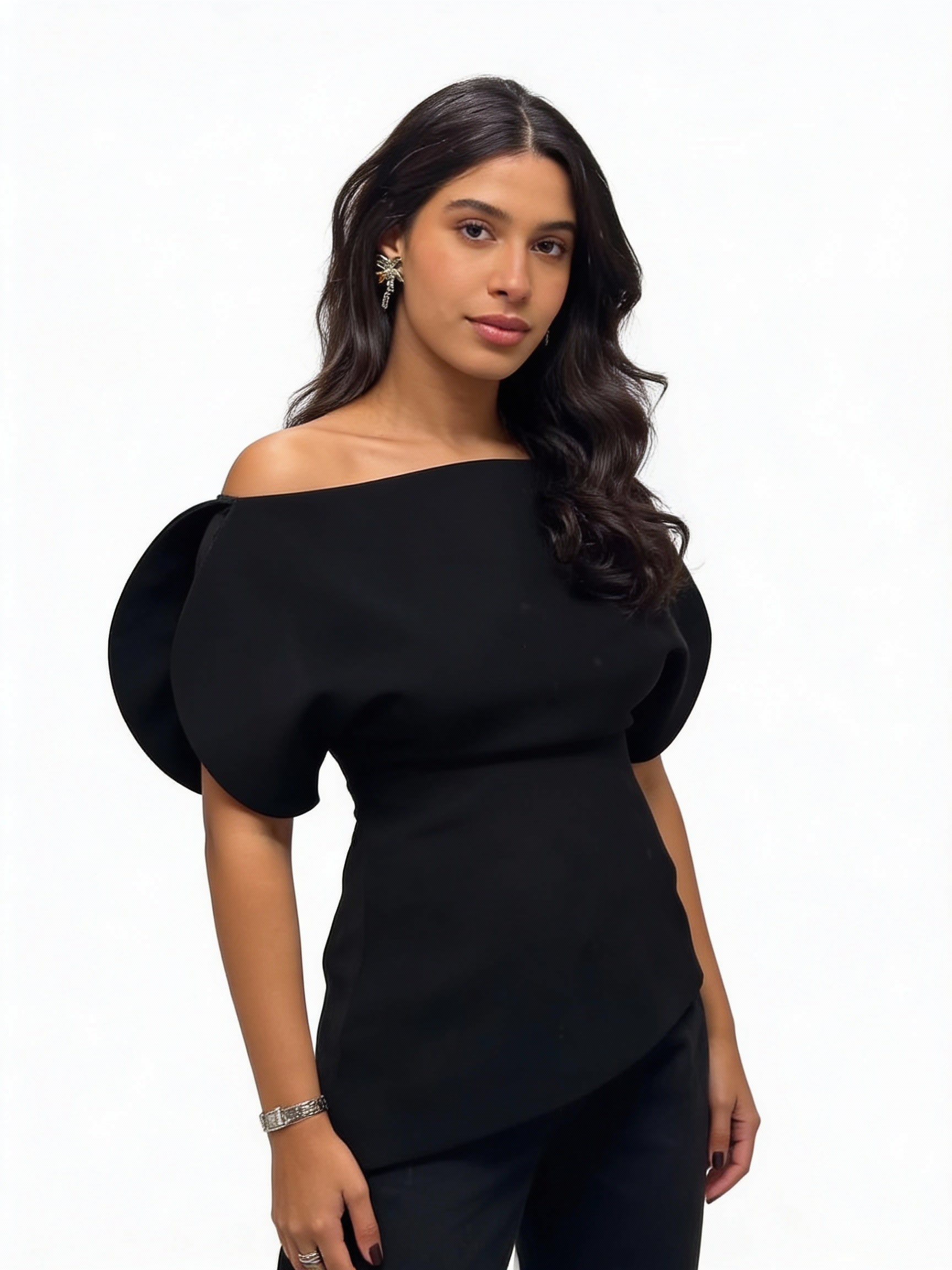 Black Asymmetrical Puff Sleeve T-Shirt for Women - Chic Zipper Top for Spring and Autumn 2026
