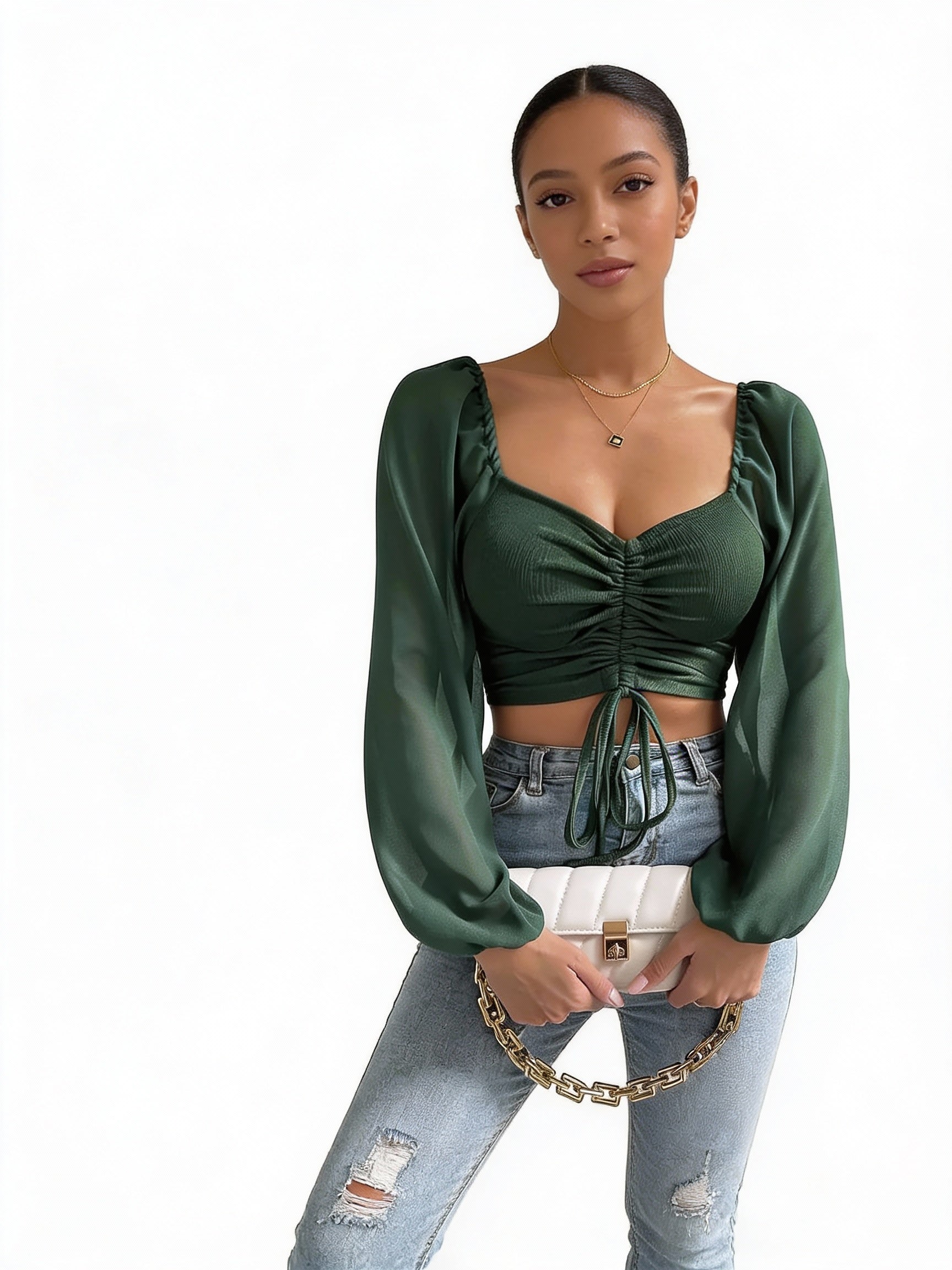 Sheer Sleeve Drawstring Front Crop Top with Plunge Neck - Women's Rib-Knit Ruched Blouse for Spring and Summer