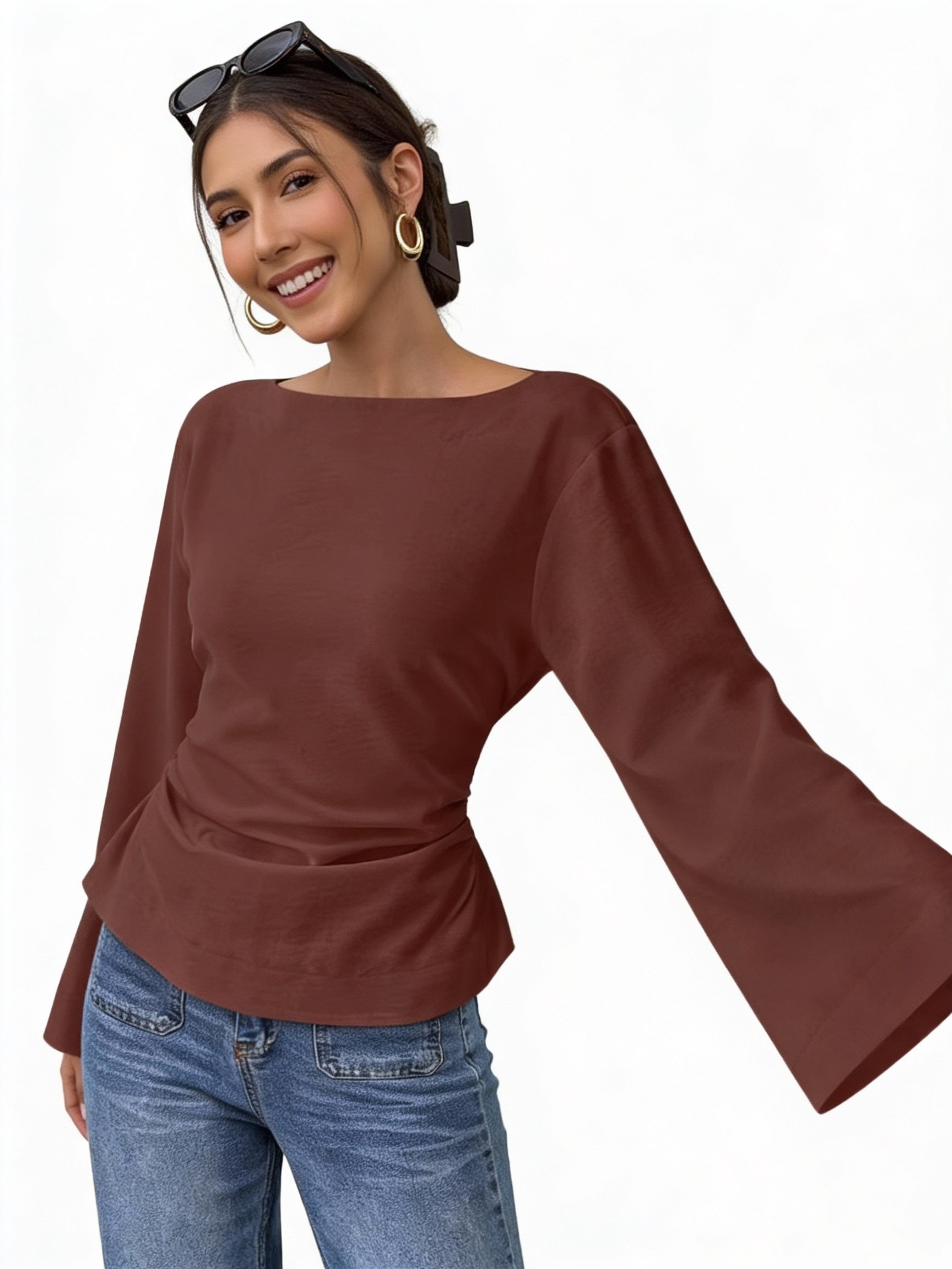 Women's Elegant Boat Neck Flare Sleeve T-Shirt with Back Tie - Slim Fit Long Sleeve Top for Spring/Fall