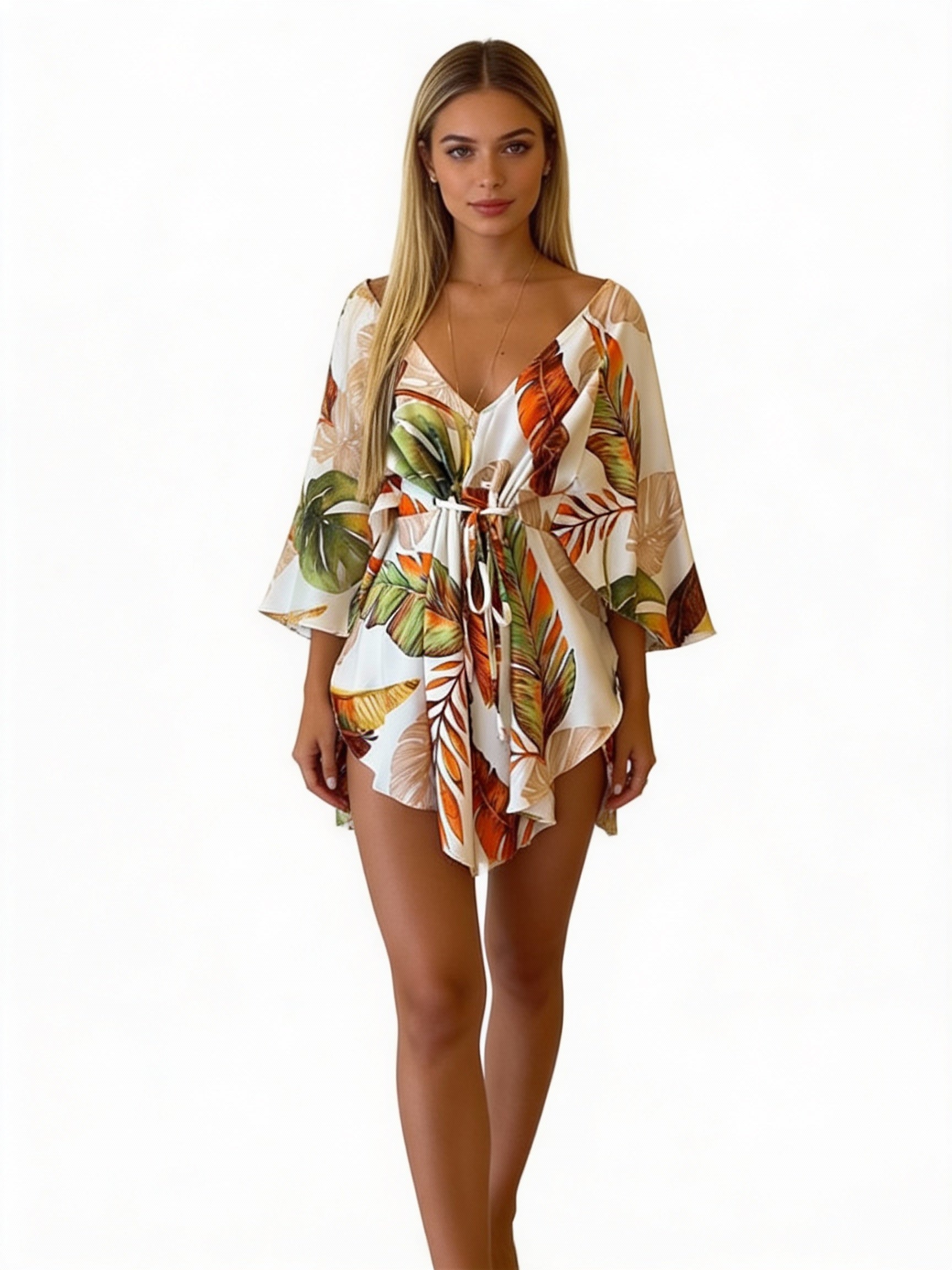 Bohemian Floral Print V-Neck Bat Sleeve Mini Dress for Women - Summer Vacation Sundress