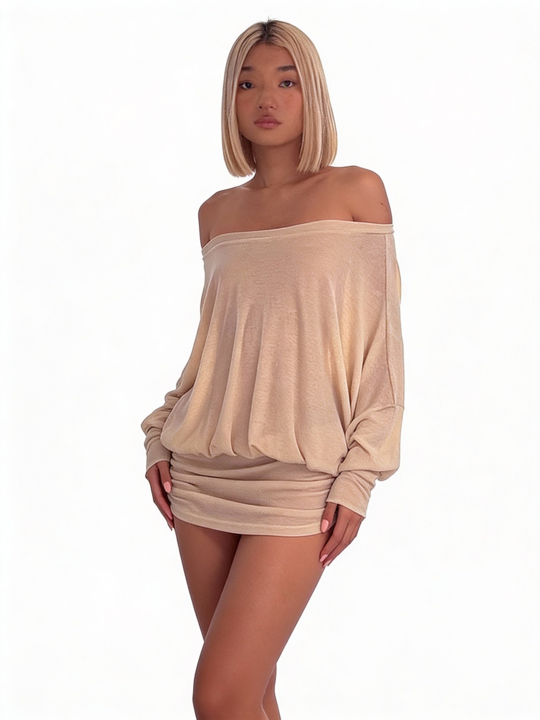 Chic Irregular Long-Sleeved Chiffon T-Shirt with Unique Slanted Shoulder Design for Women