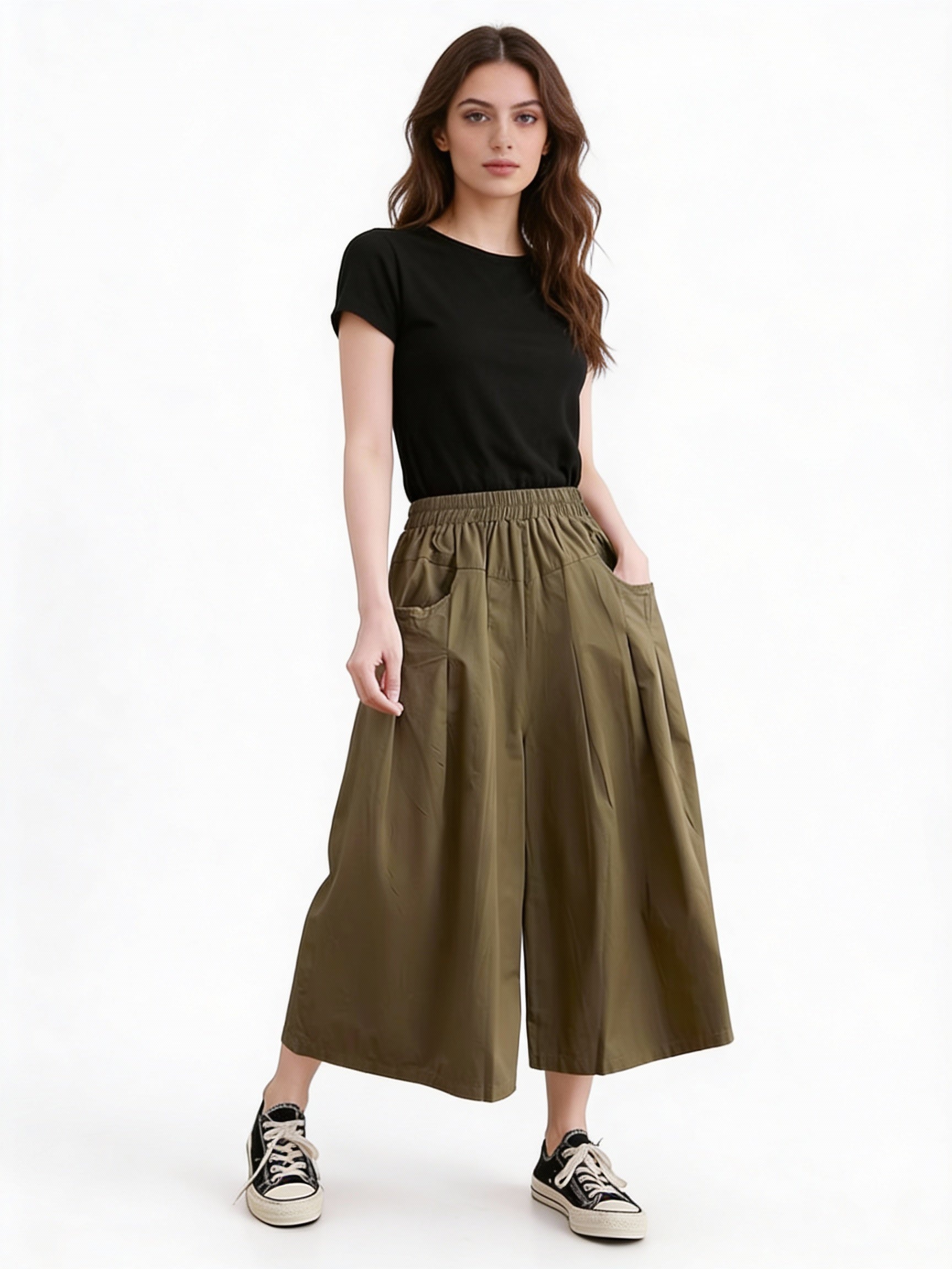 Women's 100% Cotton Wide Leg Pants - Summer 2023 Vintage Style Solid Color Loose Ankle-Length Casual Trousers B2537