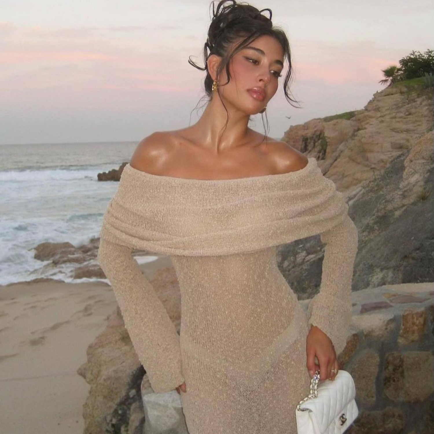 One-Shoulder Knitted Long-Sleeved Dress for Women - Elegant Beach Holiday Attire
