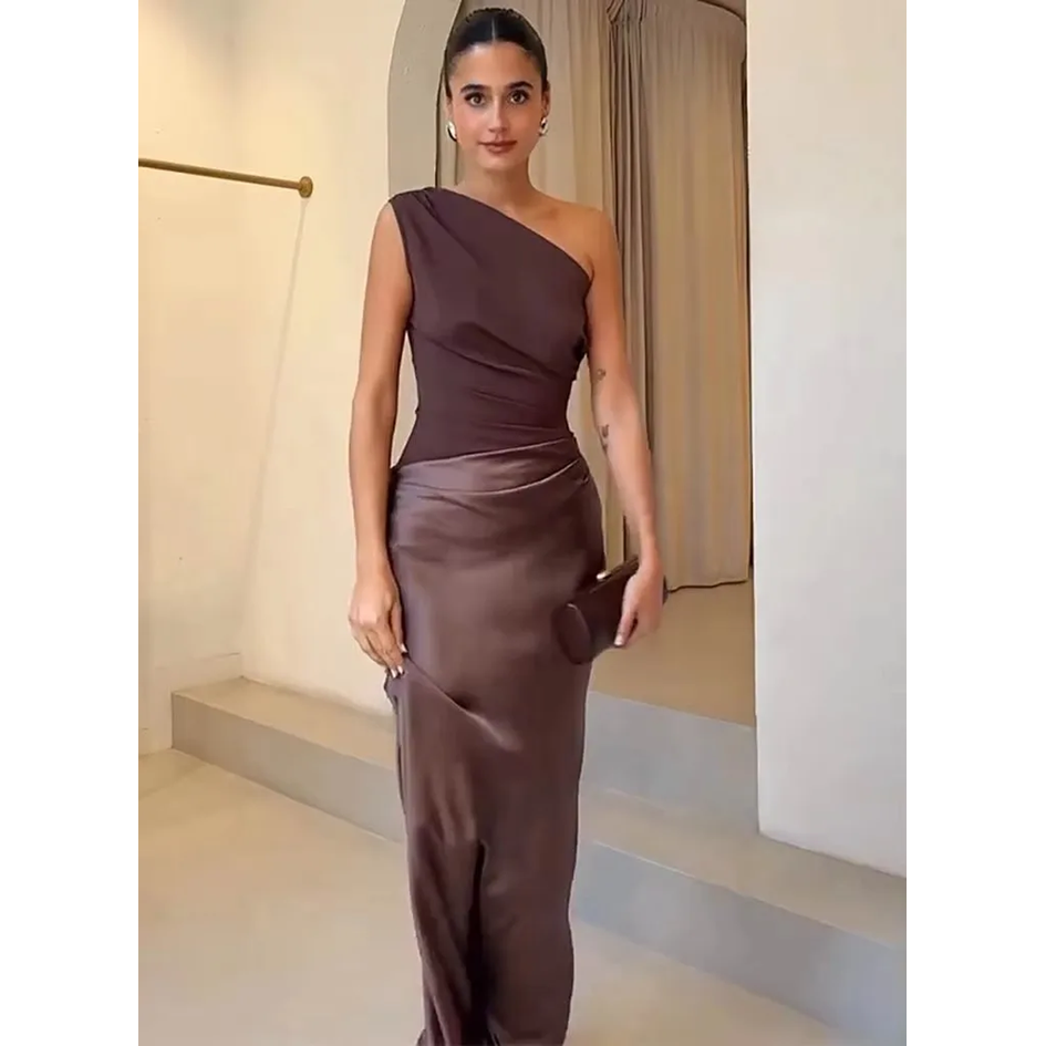 Elegant One-Shoulder Brown Satin Maxi Dress for Women - Sleeveless Evening and Summer Party Wear