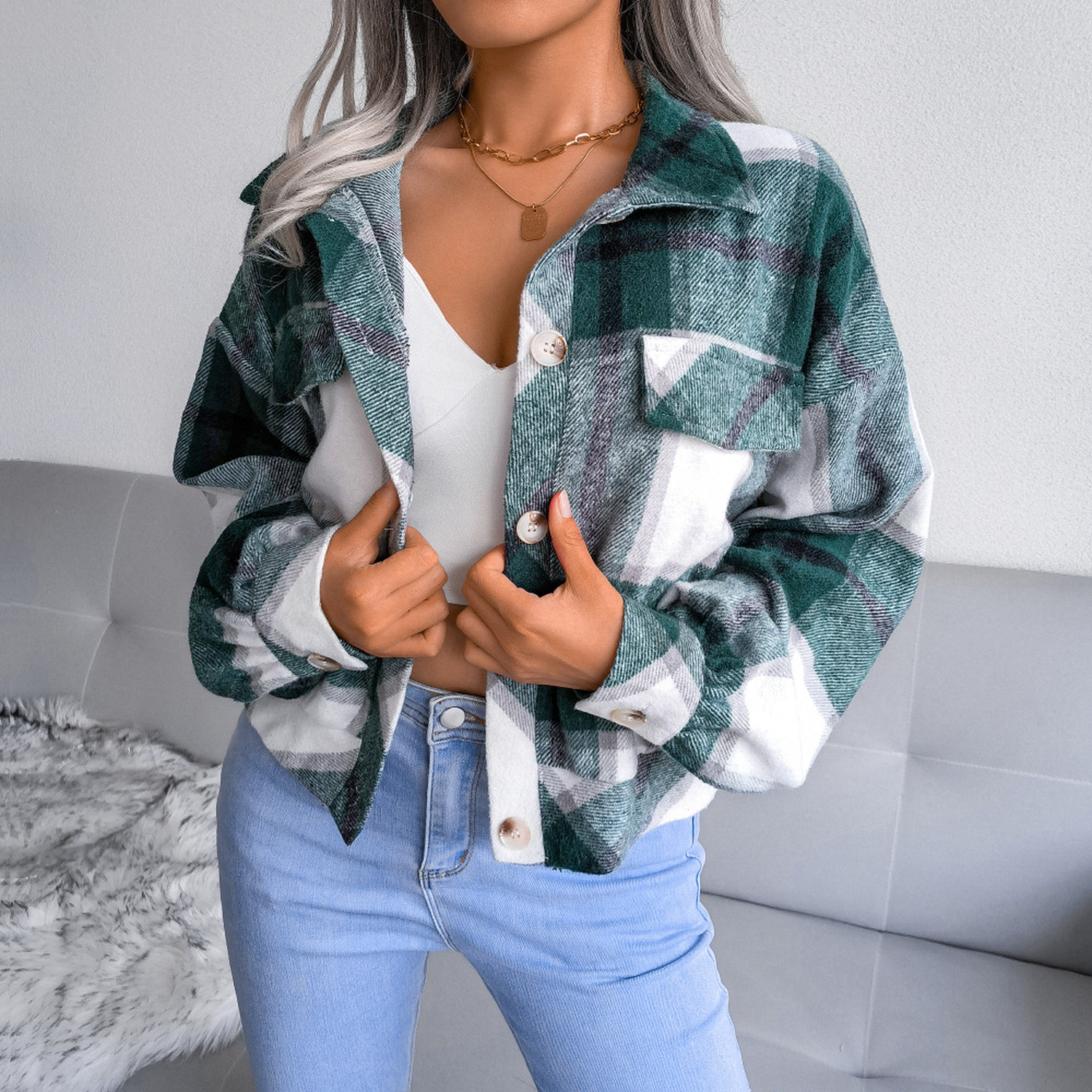 Plaid Lapel Cropped Jacket for Women - Loose-Fitting Long Sleeve Outwear Coat