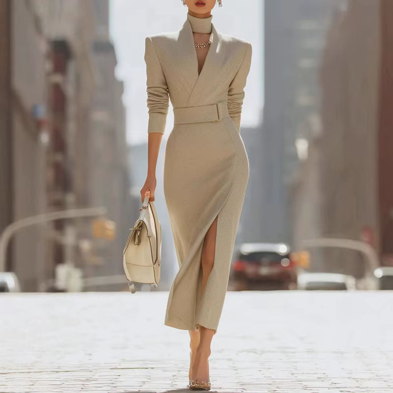 Elegant V-Neck Long Sleeve Dress for Women - Autumn/Winter High Waist Office and Evening Wear with Split Detail