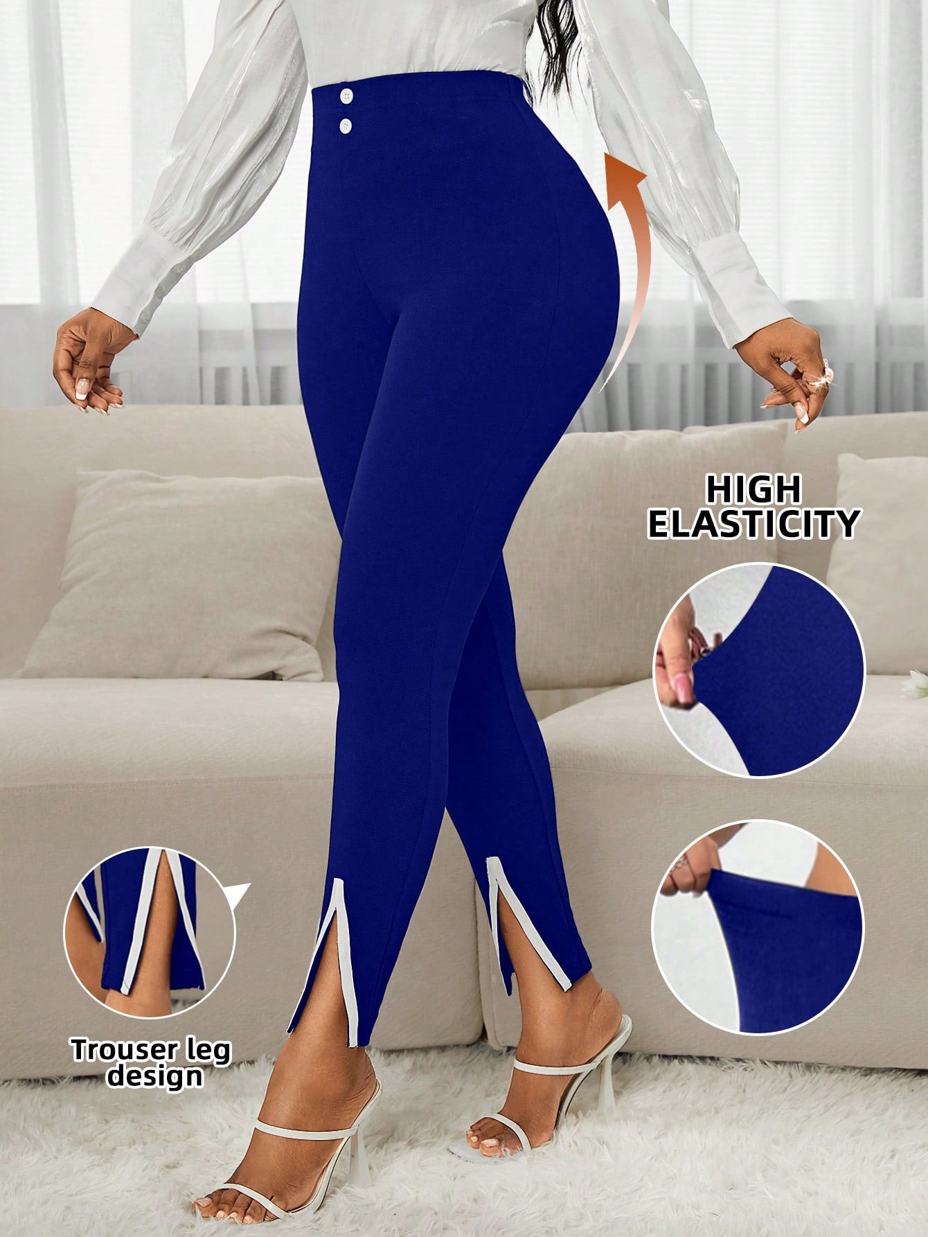 Elegant Contrast Color Split Hem Slim Fit Pants for Women