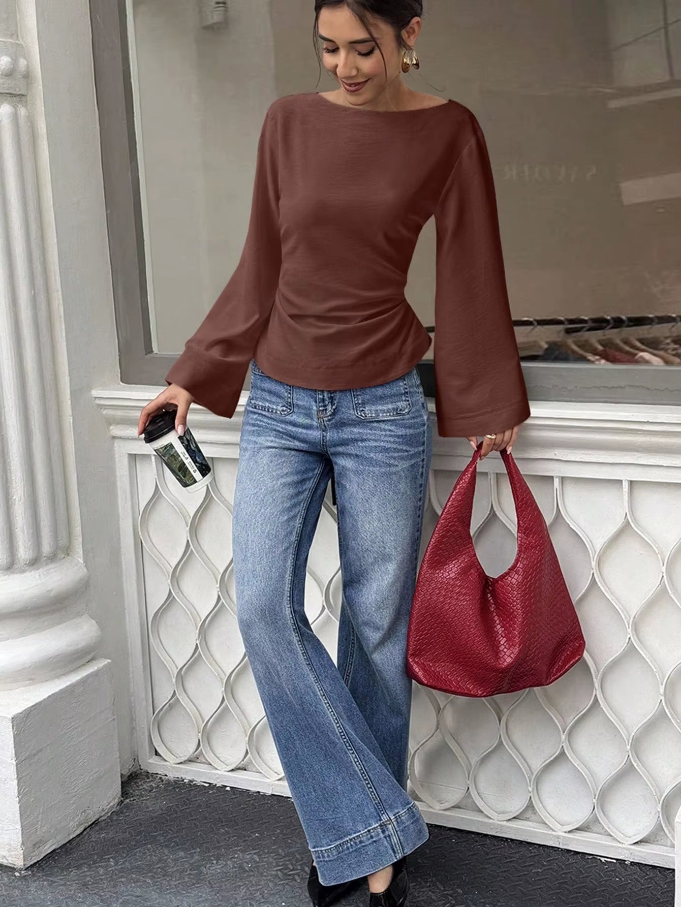 Women's Elegant Boat Neck Flare Sleeve T-Shirt with Back Tie - Slim Fit Long Sleeve Top for Spring/Fall