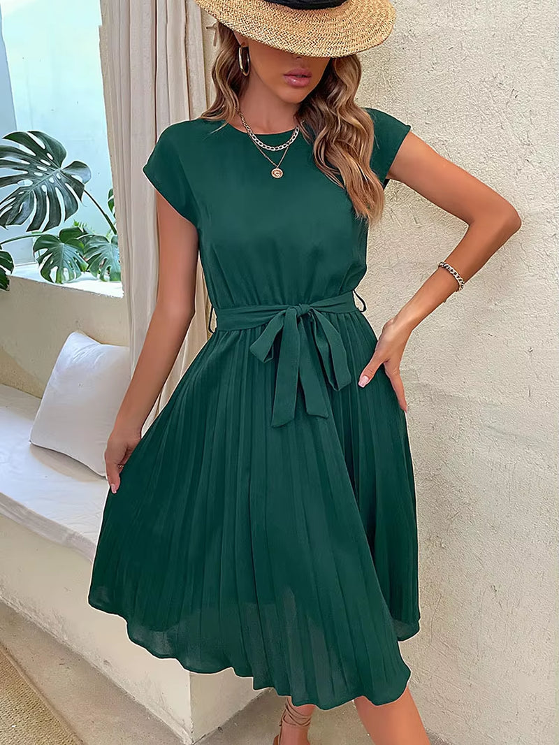 Elegant Women's Summer Casual Beach Midi Dress with Short Sleeves and Pleated Design in Solid Colors