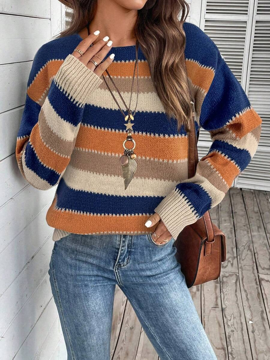 Colorblock Striped Pullover Sweater for Women - Casual Long Sleeve Top for Fall and Winter
