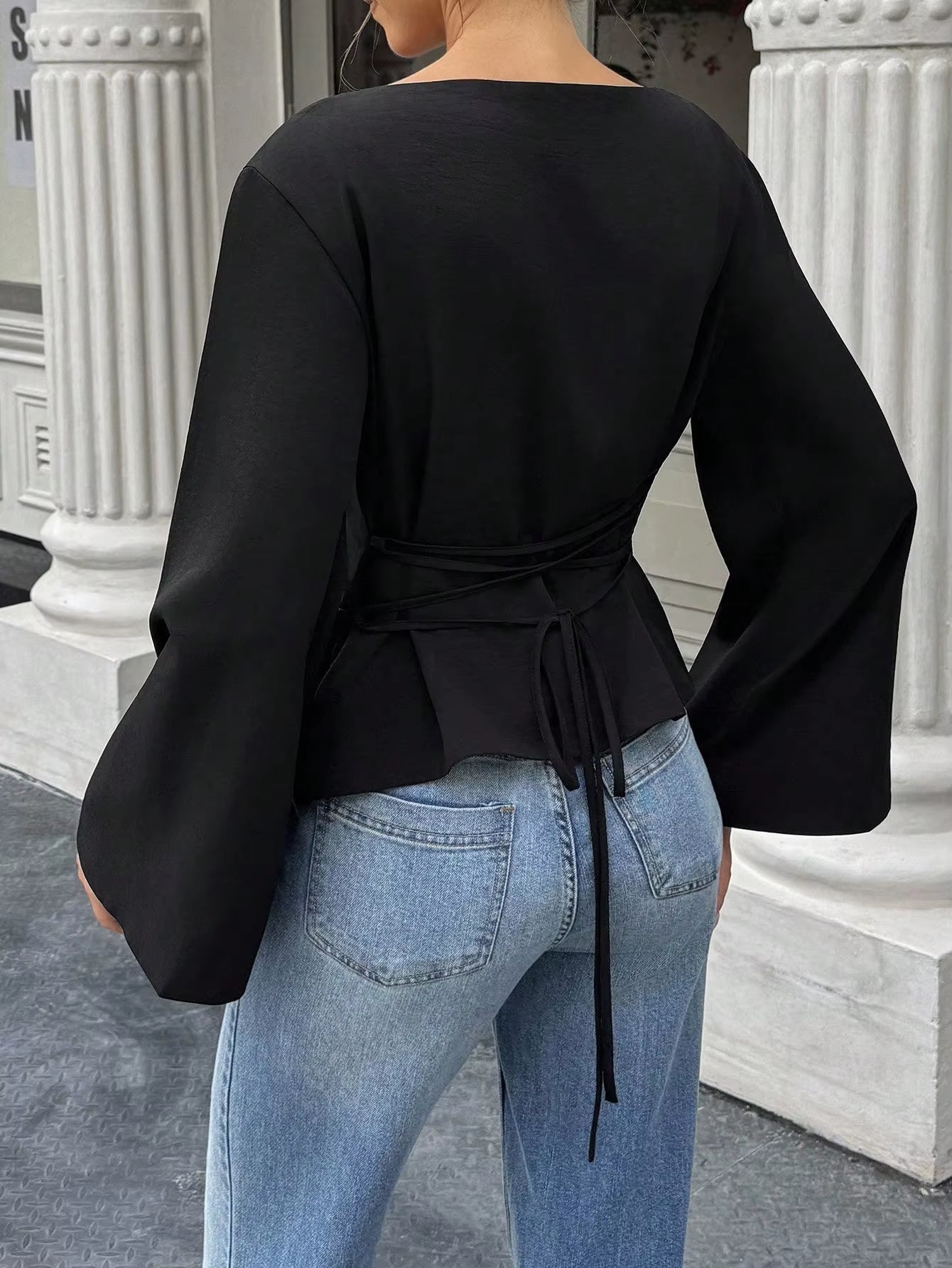 Women's Elegant Boat Neck Flare Sleeve T-Shirt with Back Tie - Slim Fit Long Sleeve Top for Spring/Fall