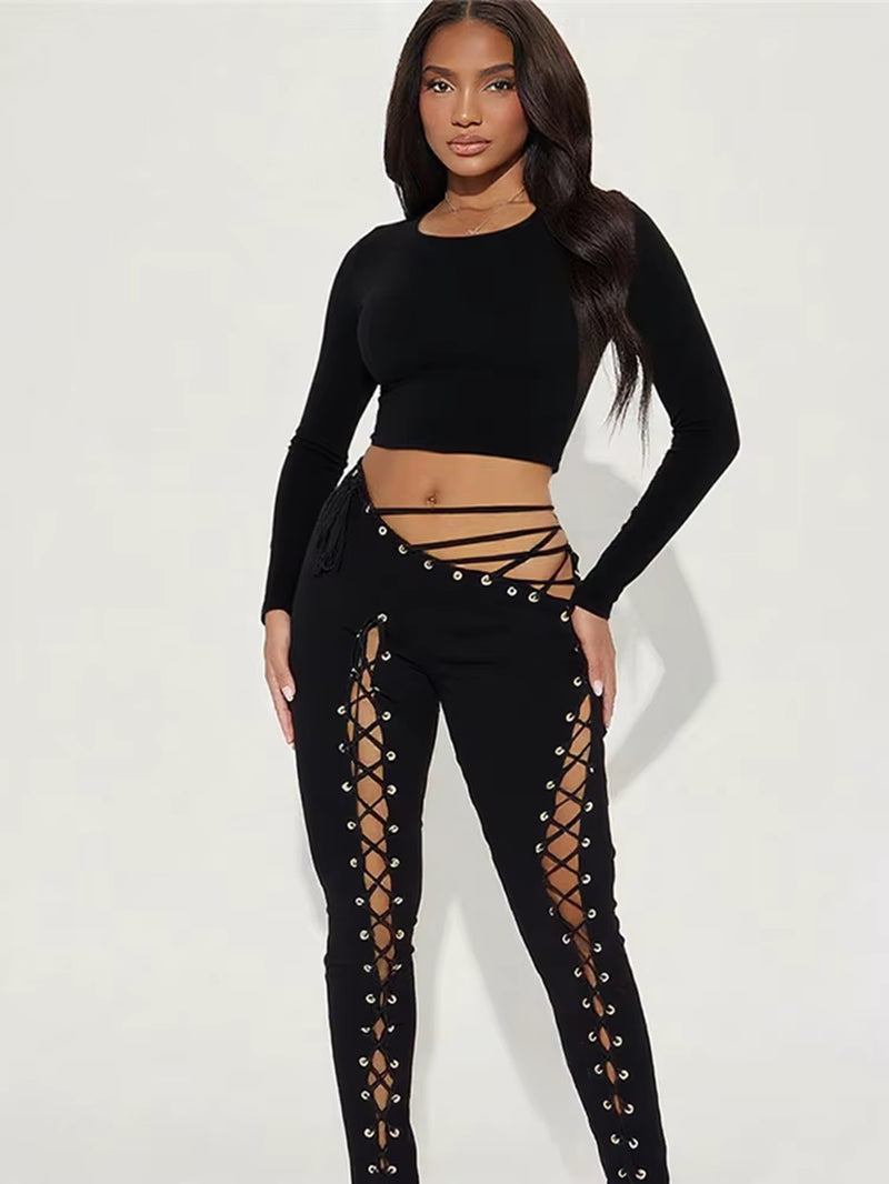 Female Sexy 2 Piece Set Woman O-Neck Navel Exposed Tops+Shirring Irregular Hollow Long Pants Street Fashion Outfits