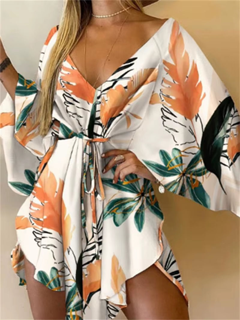 Bohemian Floral Print V-Neck Bat Sleeve Mini Dress for Women - Summer Vacation Sundress