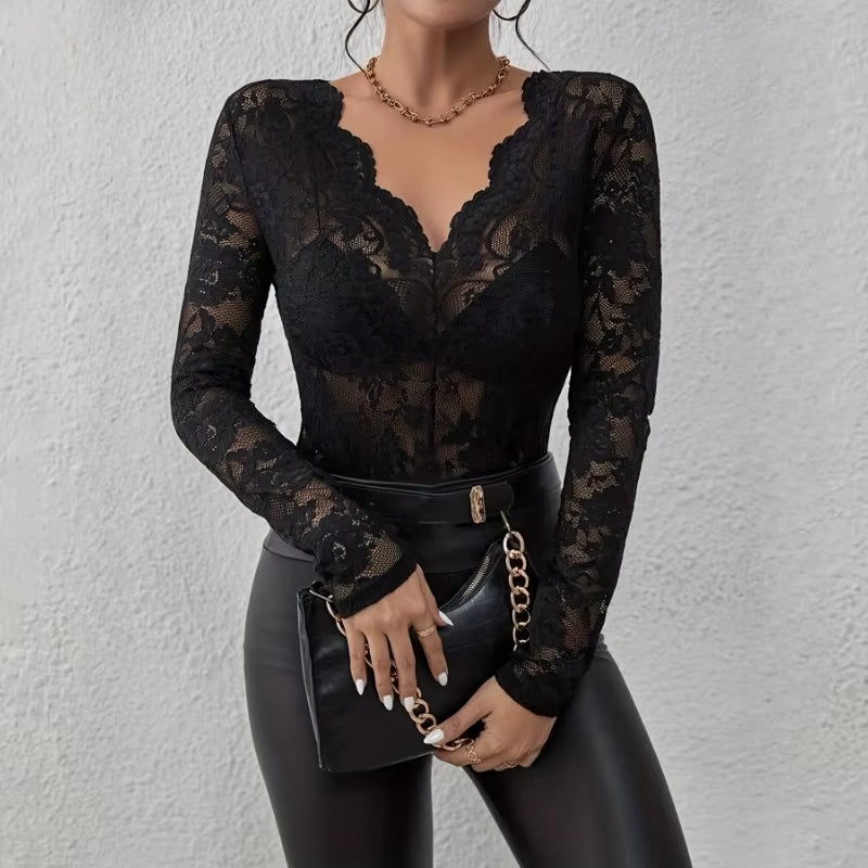 Women's Sheer Lace Base Layer Top with Scallop Trim and V-Neck - Long Sleeve Slim Fit in Solid Black